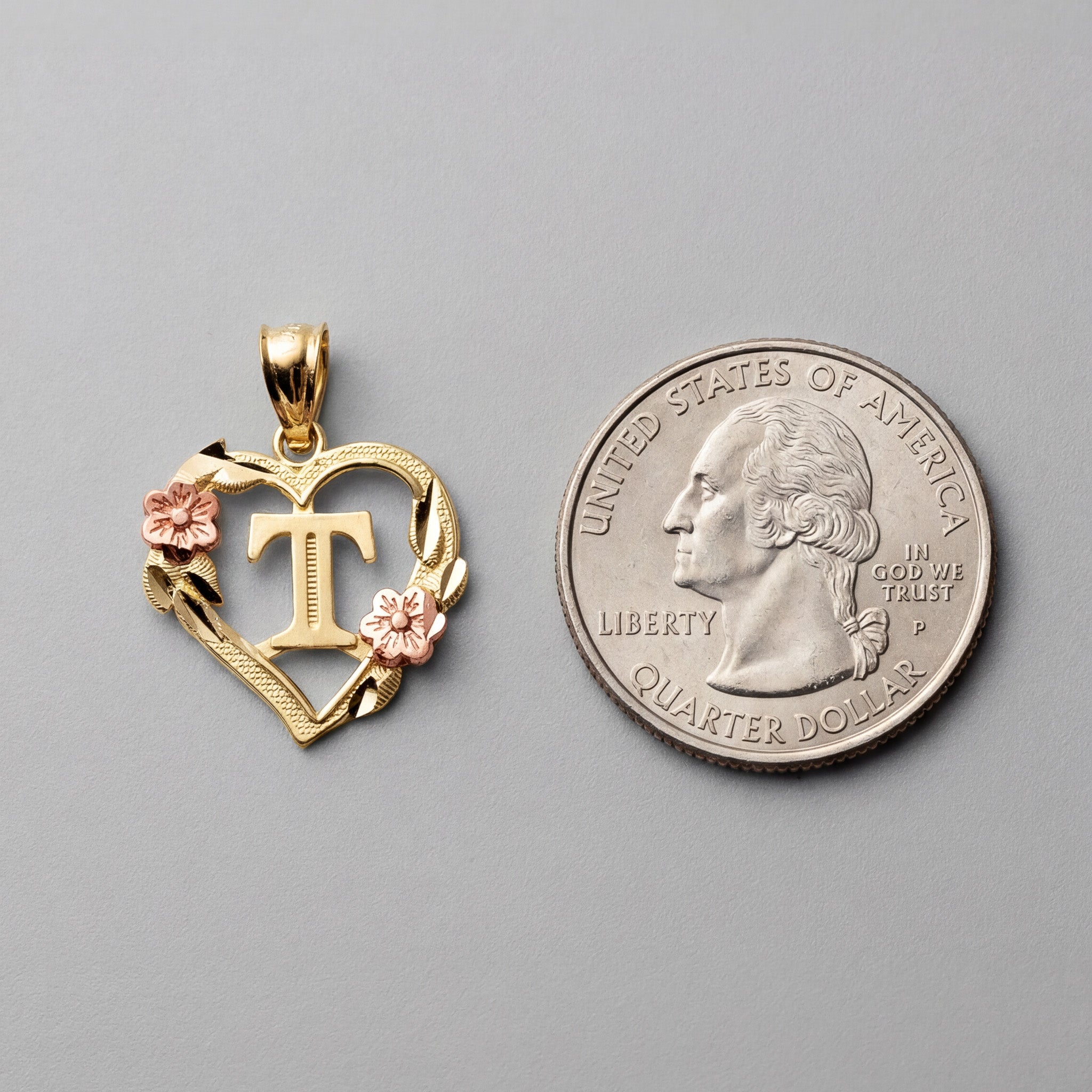 14K Gold Heart Letter T Pendant with Flowers | A-Z Pendants - Charlie & Co. Jewelry
