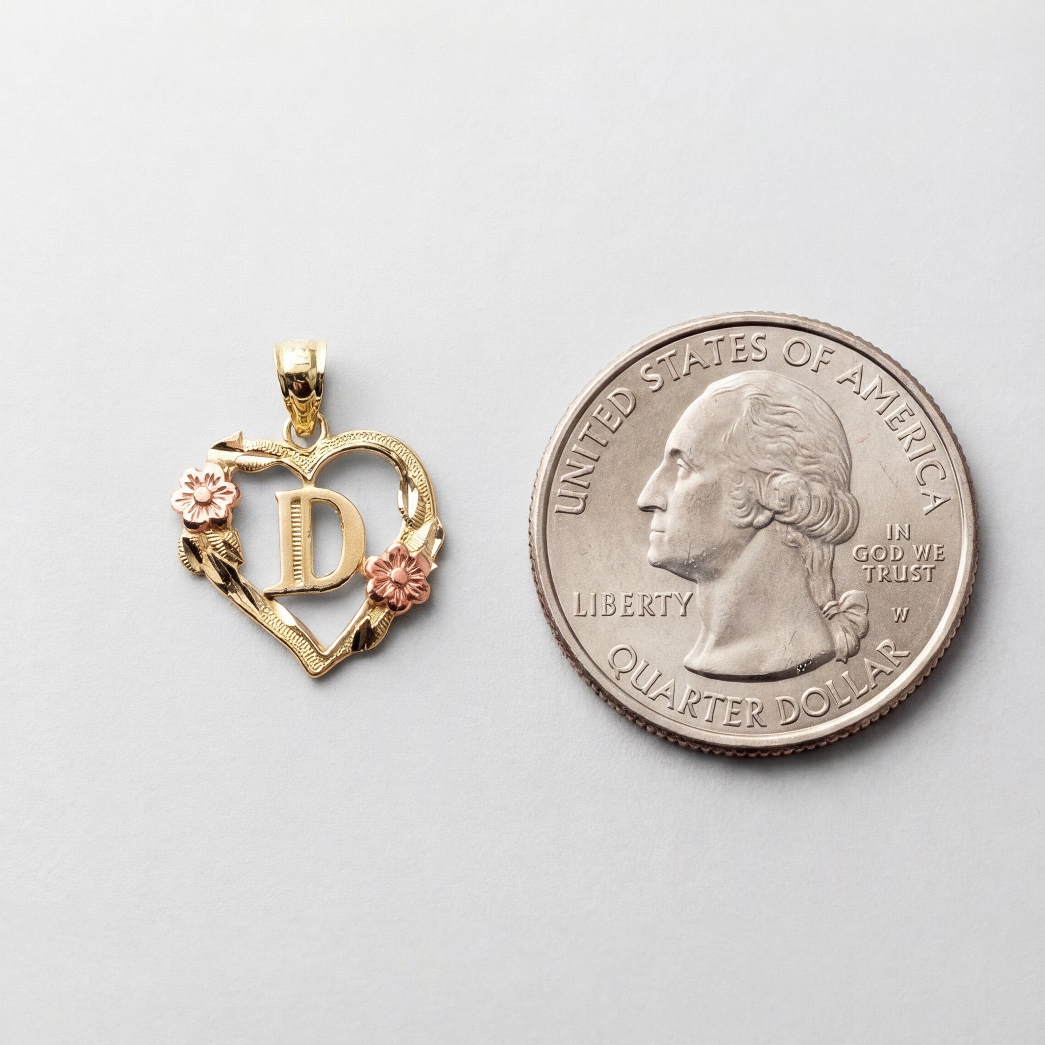 14K Gold Heart Letter D Pendant with Flowers | A-Z Pendants - Charlie & Co. Jewelry