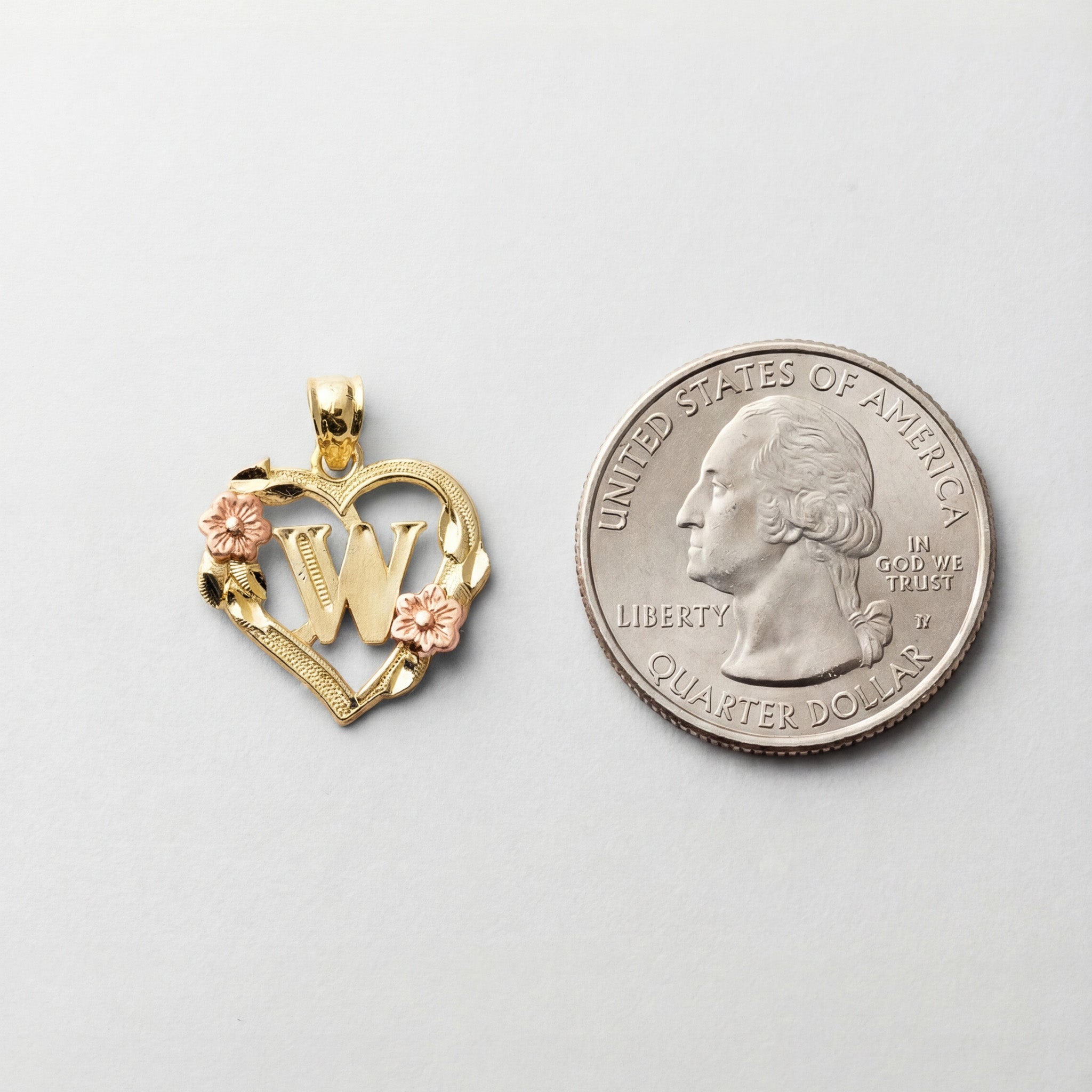 14K Gold Heart Letter W Pendant with Flowers | A-Z Pendants - Charlie & Co. Jewelry