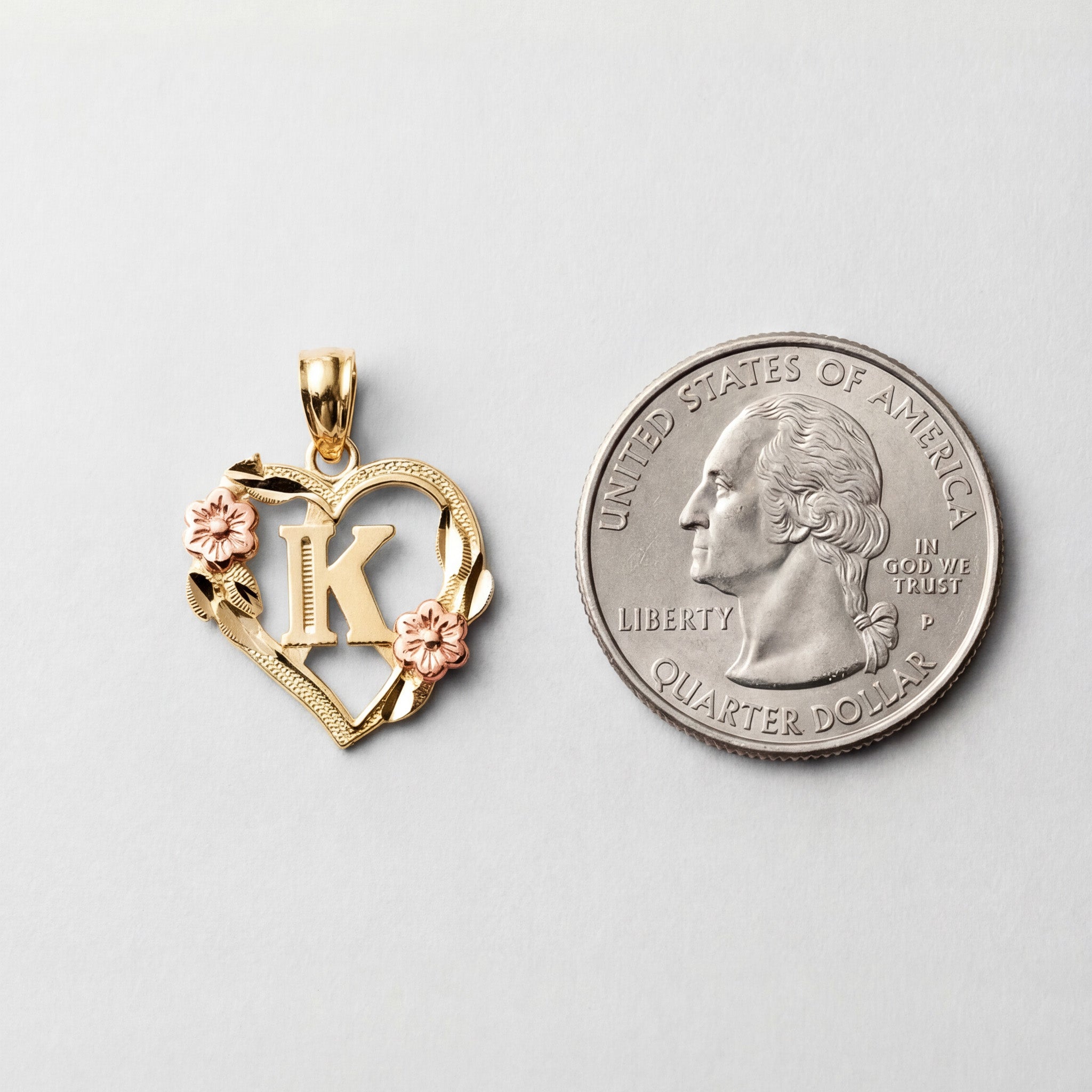 14K Gold Heart Letter K Pendant with Flowers | A-Z Pendants - Charlie & Co. Jewelry