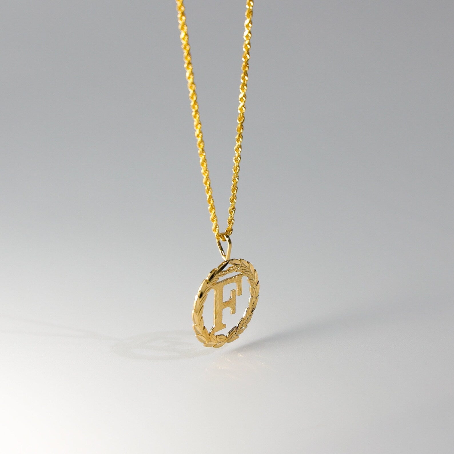 Gold Wreath F Initial Pendant | A-Z Pendants - Charlie & Co. Jewelry