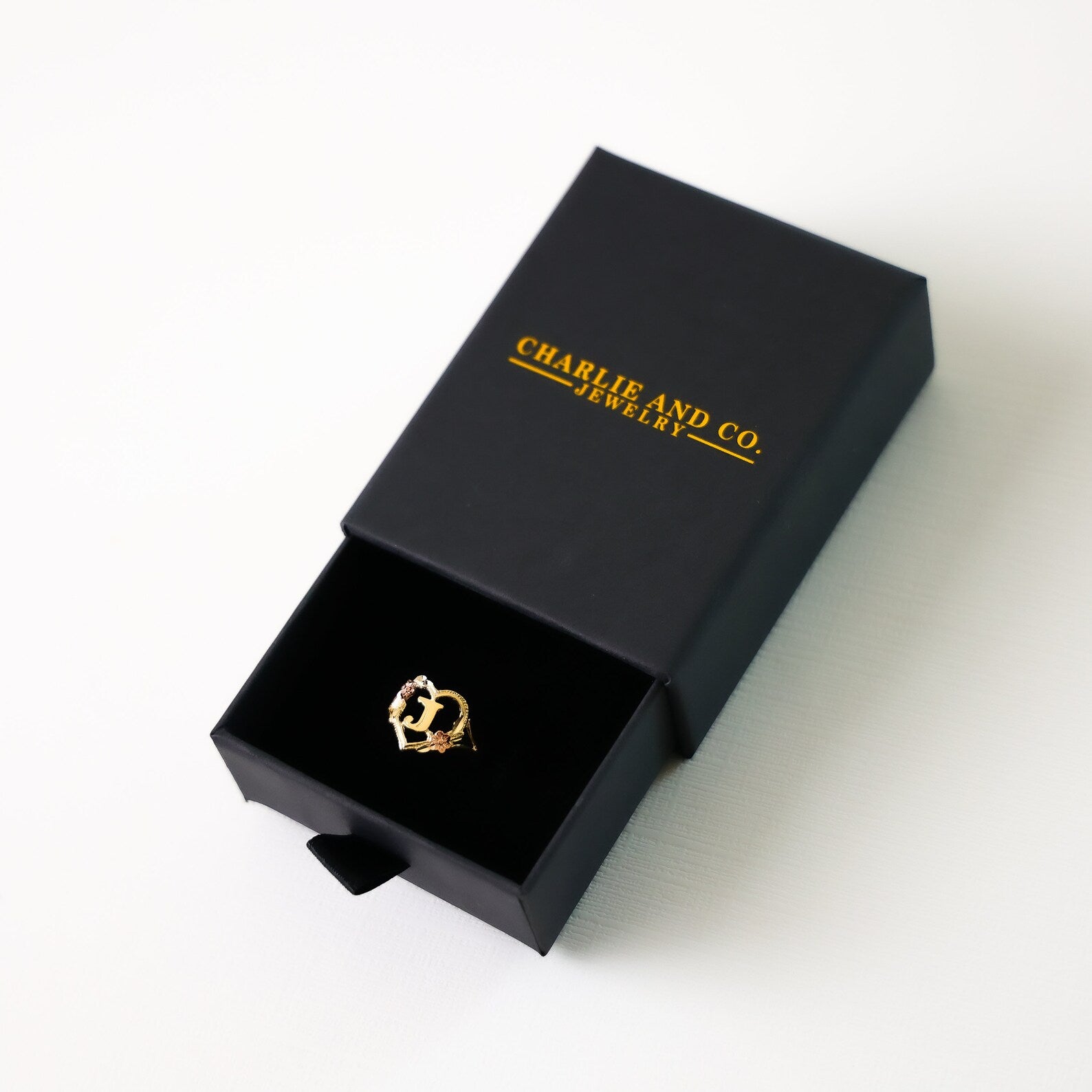 14K Gold Heart & Rose Initial "J" Ring - Charlie & Co. Jewelry