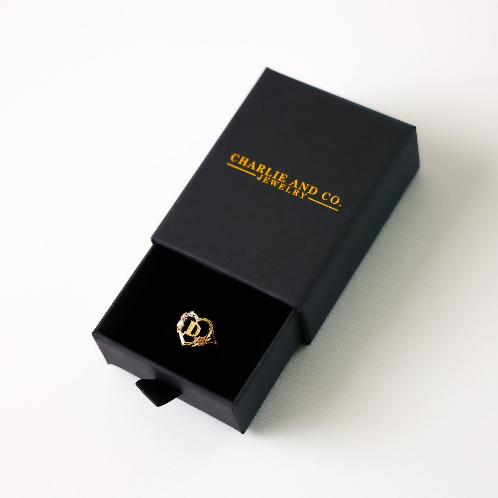 14K Gold Heart & Rose Initial "D" Ring - Charlie & Co. Jewelry