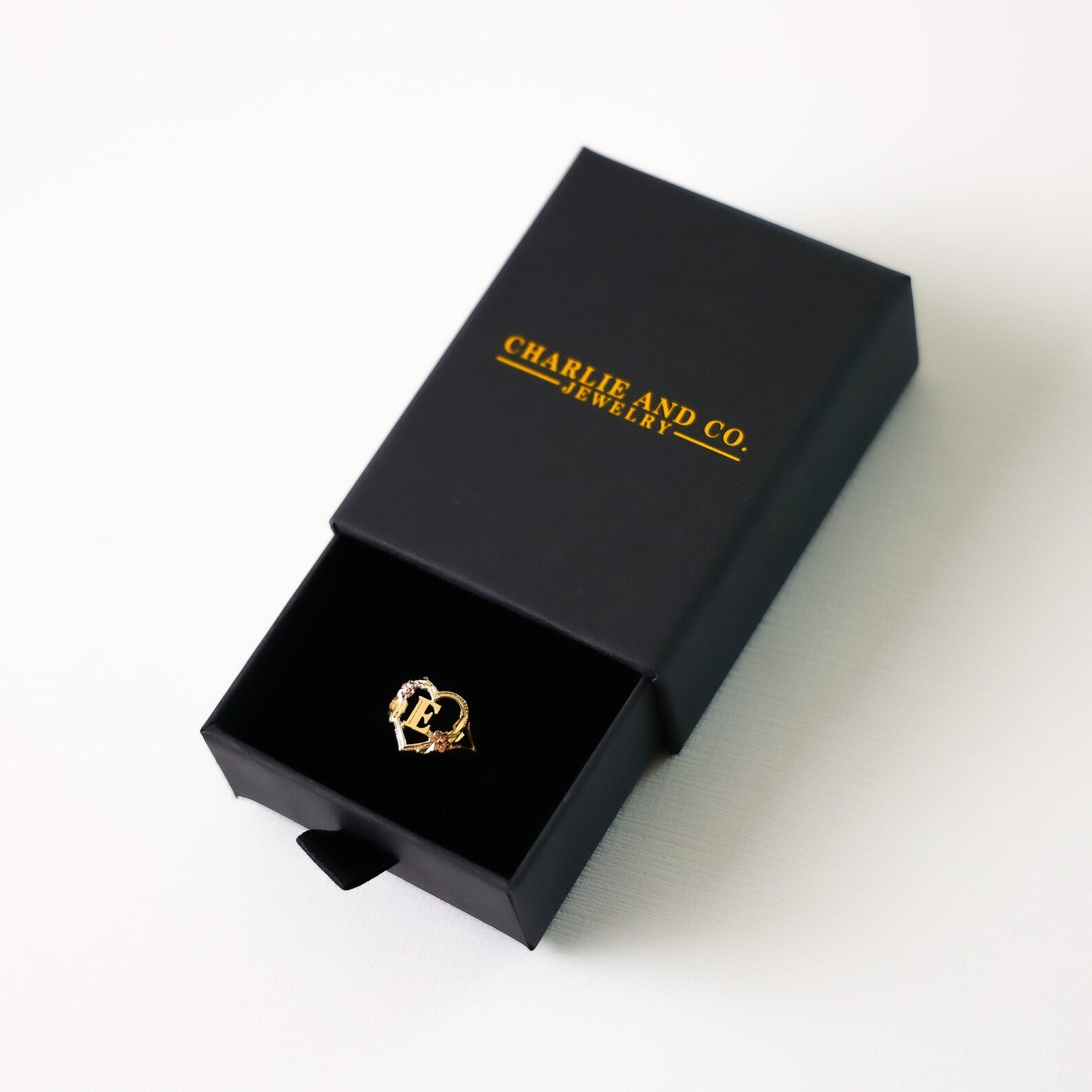 14K Gold Heart & Rose Initial "E" Ring - Charlie & Co. Jewelry