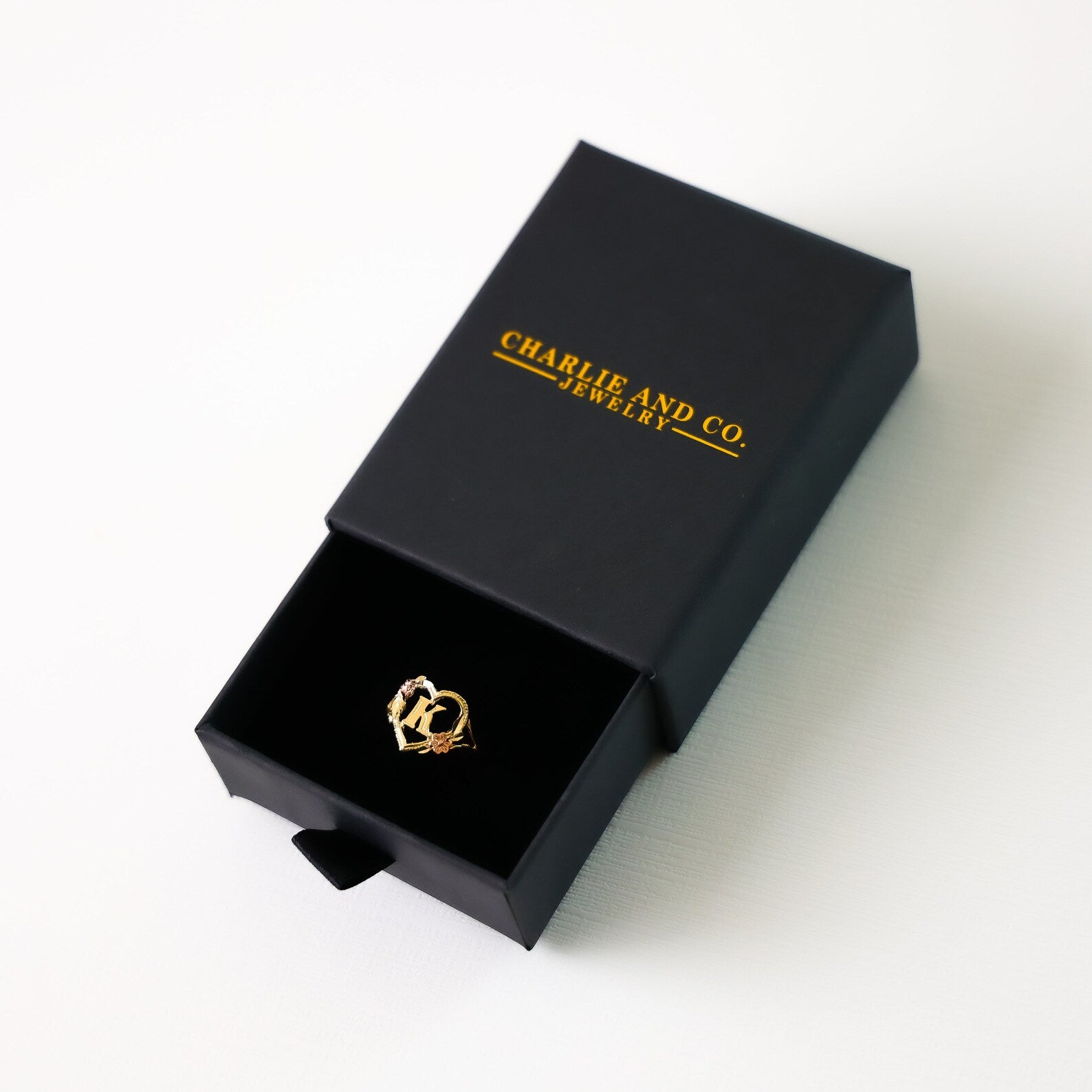 14K Gold Heart & Rose Initial "K" Ring - Charlie & Co. Jewelry