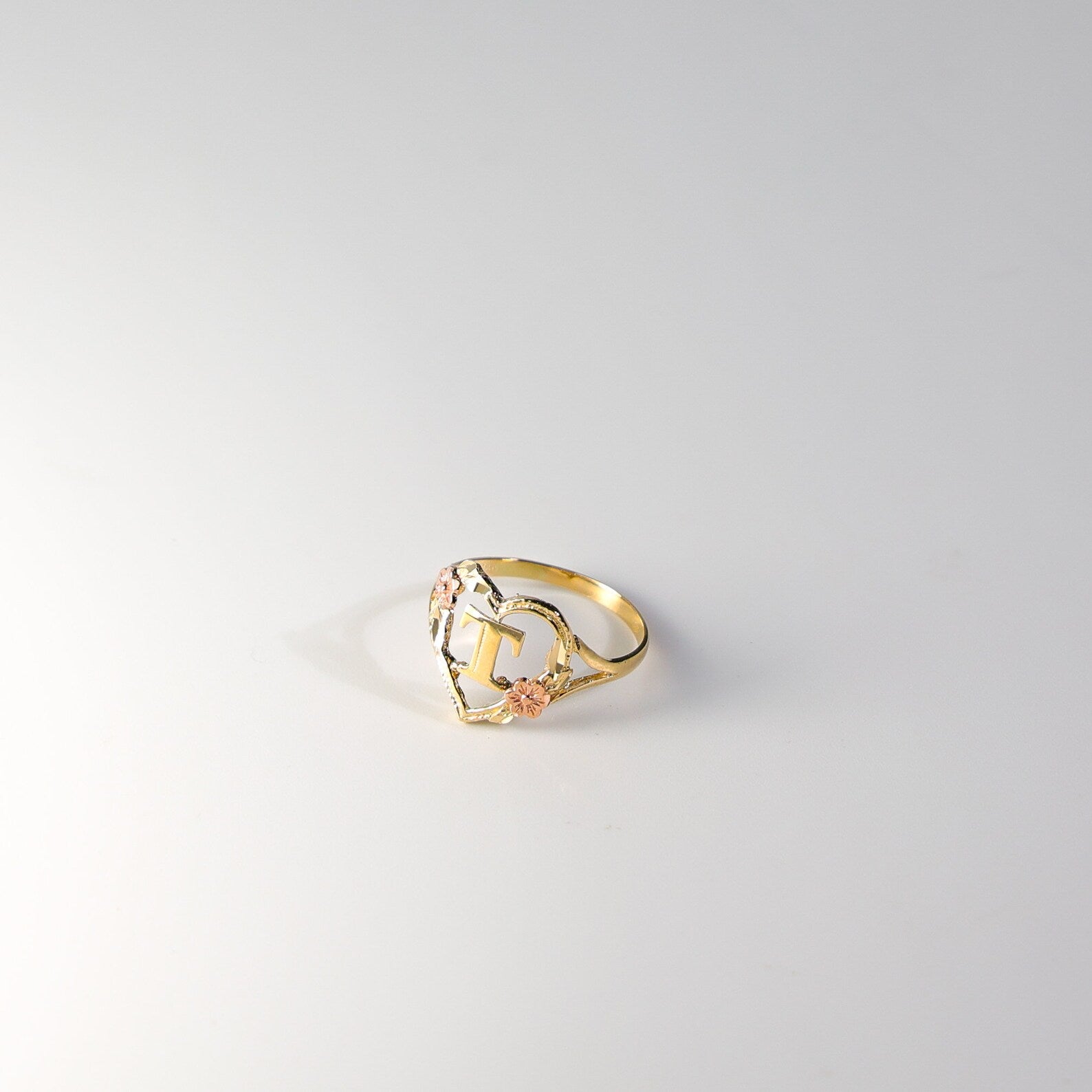 14K Gold Heart & Rose Initial "T" Ring - Charlie & Co. Jewelry