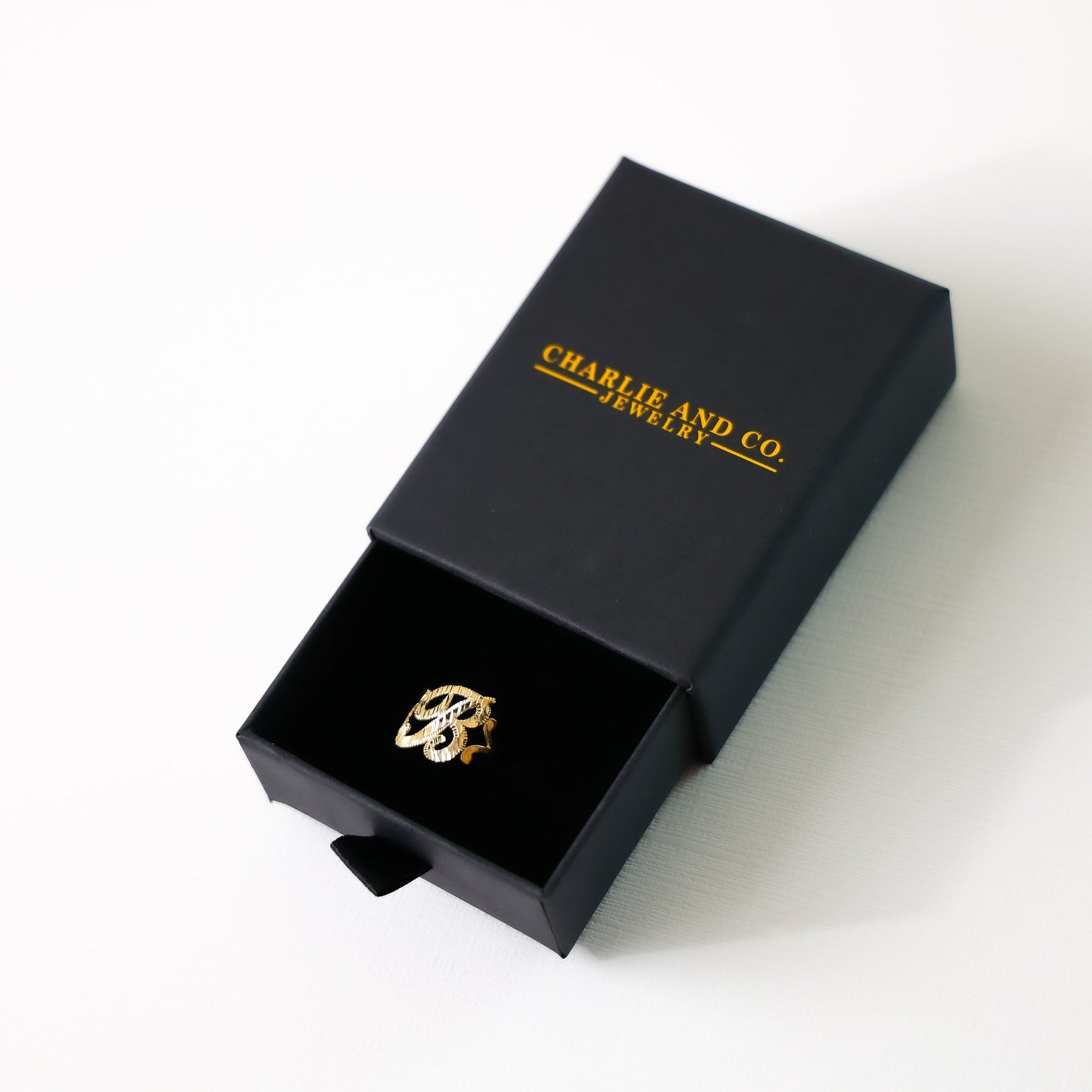 14K Gold Cursive Initial "B" Ring - Charlie & Co. Jewelry