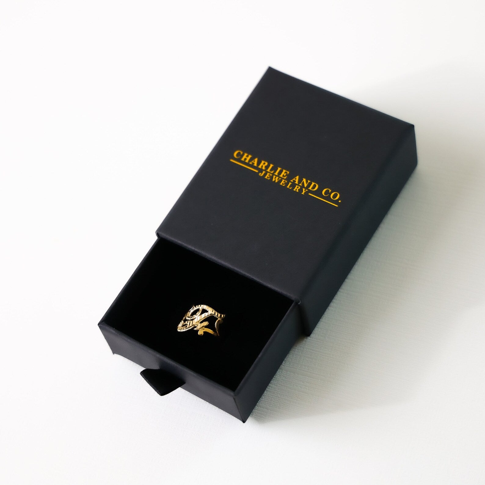 14K Gold Cursive Initial "F" Ring - Charlie & Co. Jewelry