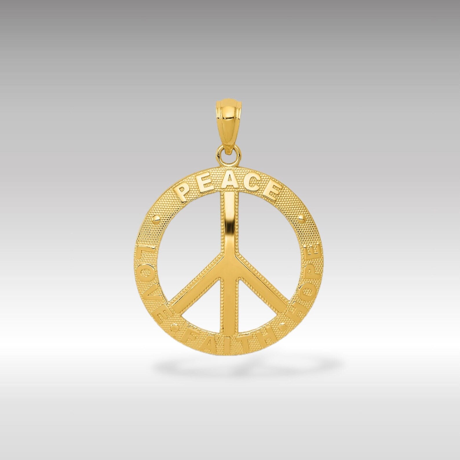 Gold 'Peace Love Faith Hope' Peace Sign Pendant Model-C4170 - Charlie & Co. Jewelry