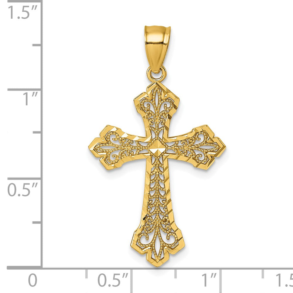 14k Polished Diamond-cut Fleur De Lis Filigree Textured Fancy Cross Pendant - Model K10089
