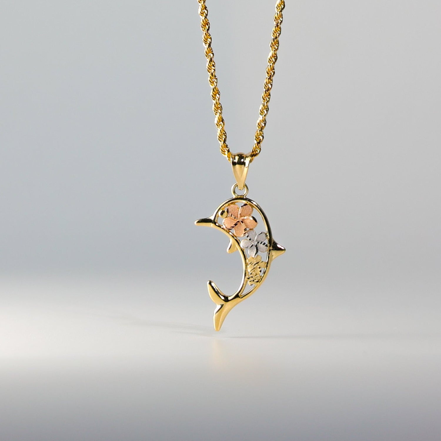 Gold Hawaiian flower & Dolphin Pendant Model-2549 - Charlie & Co. Jewelry