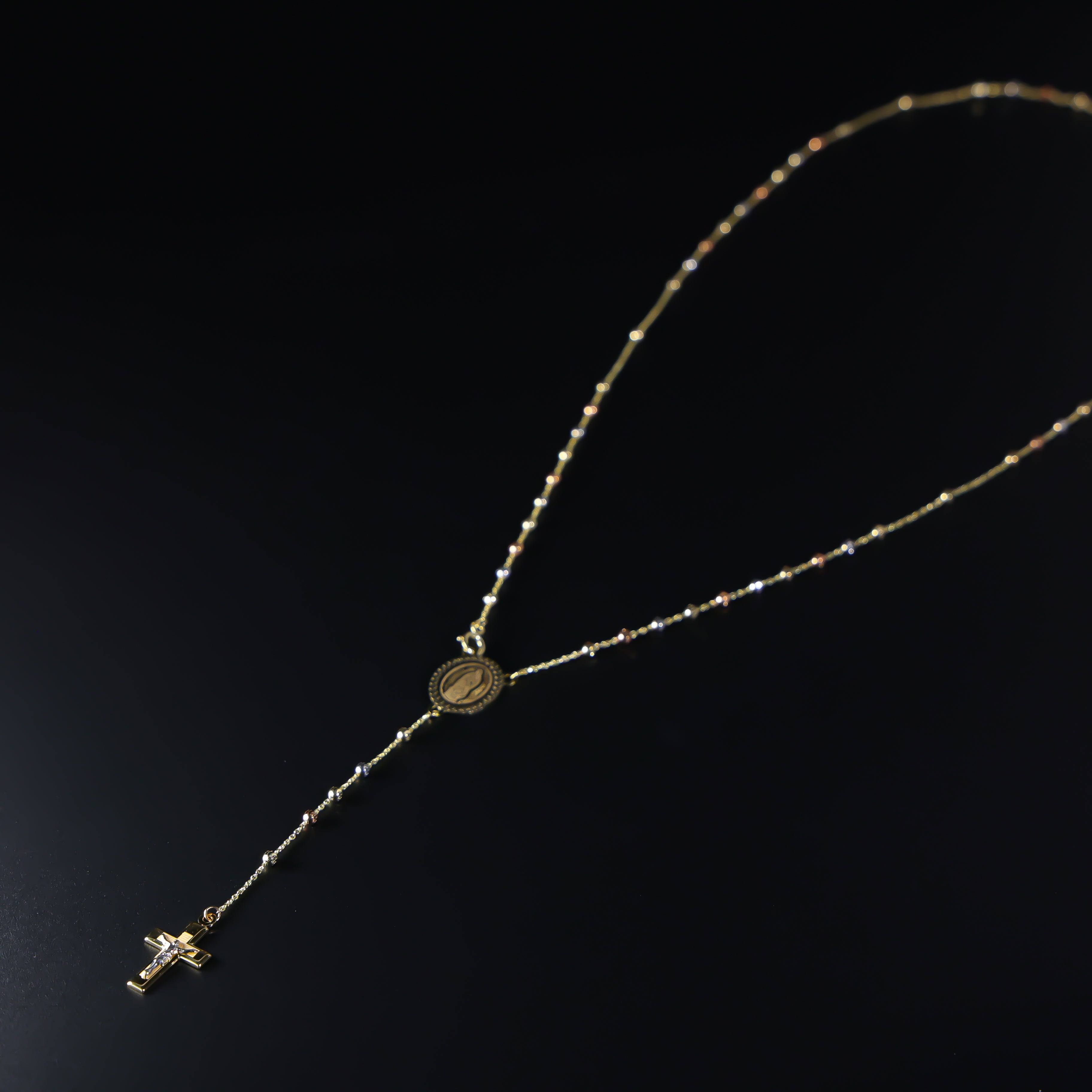 Gold 2.5MM Rosary Cross and Mother Mary Necklace Model-NK0238 - Charlie & Co. Jewelry
