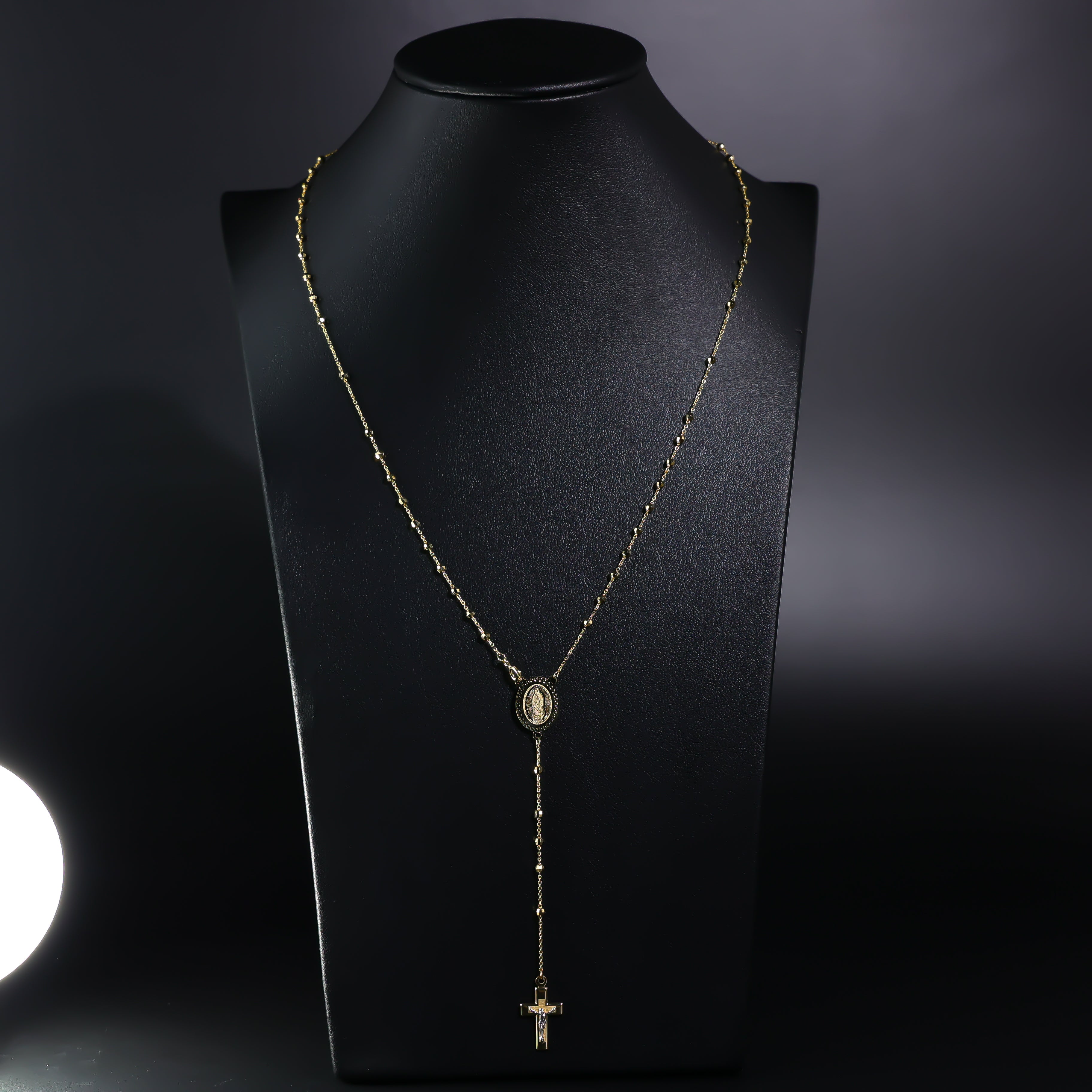 Gold 2.5MM Disco Ball Rosary Cross and Mother Mary Necklace Model-NK0236 - Charlie & Co. Jewelry