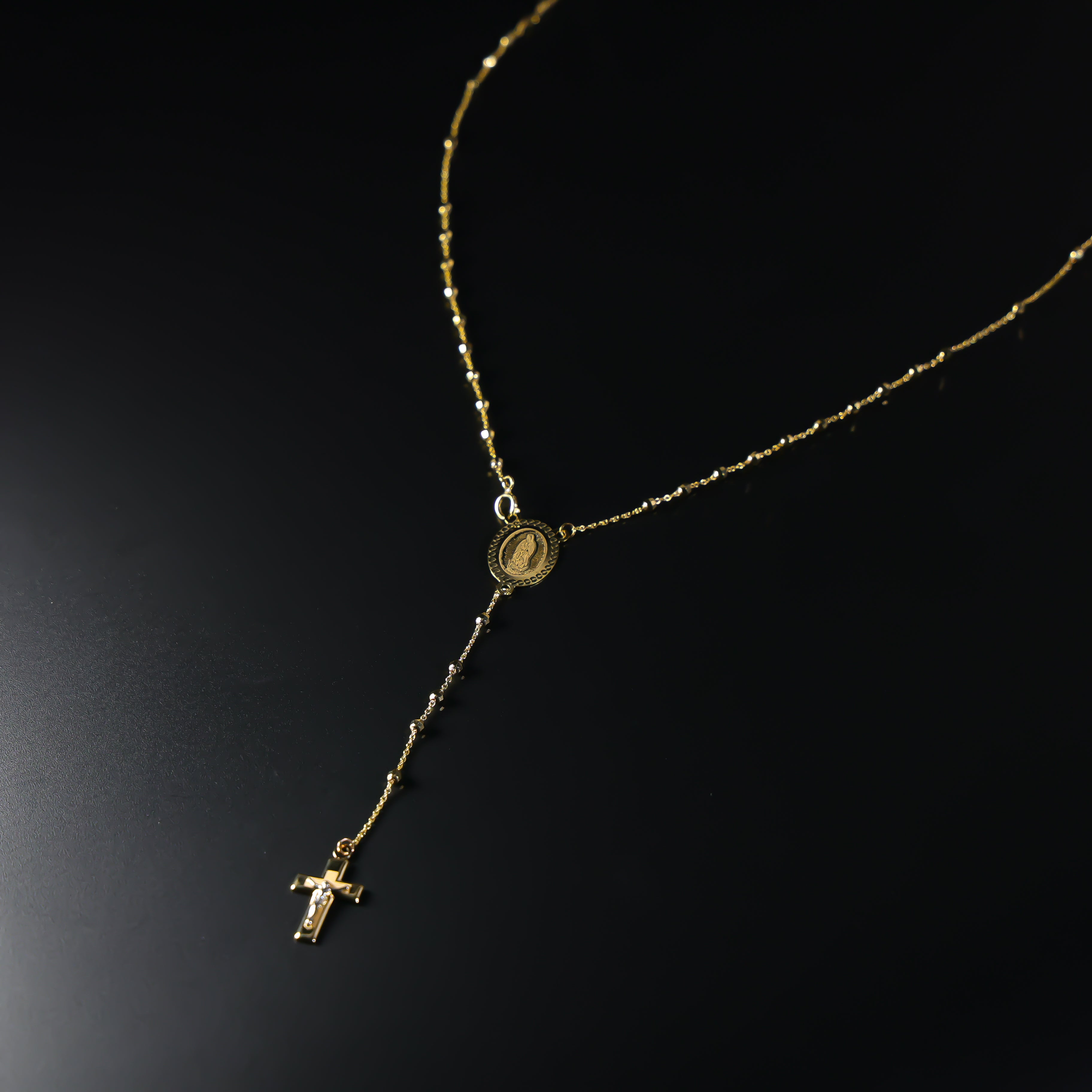Gold 2.5MM Disco Ball Rosary Cross and Mother Mary Necklace Model-NK0236 - Charlie & Co. Jewelry