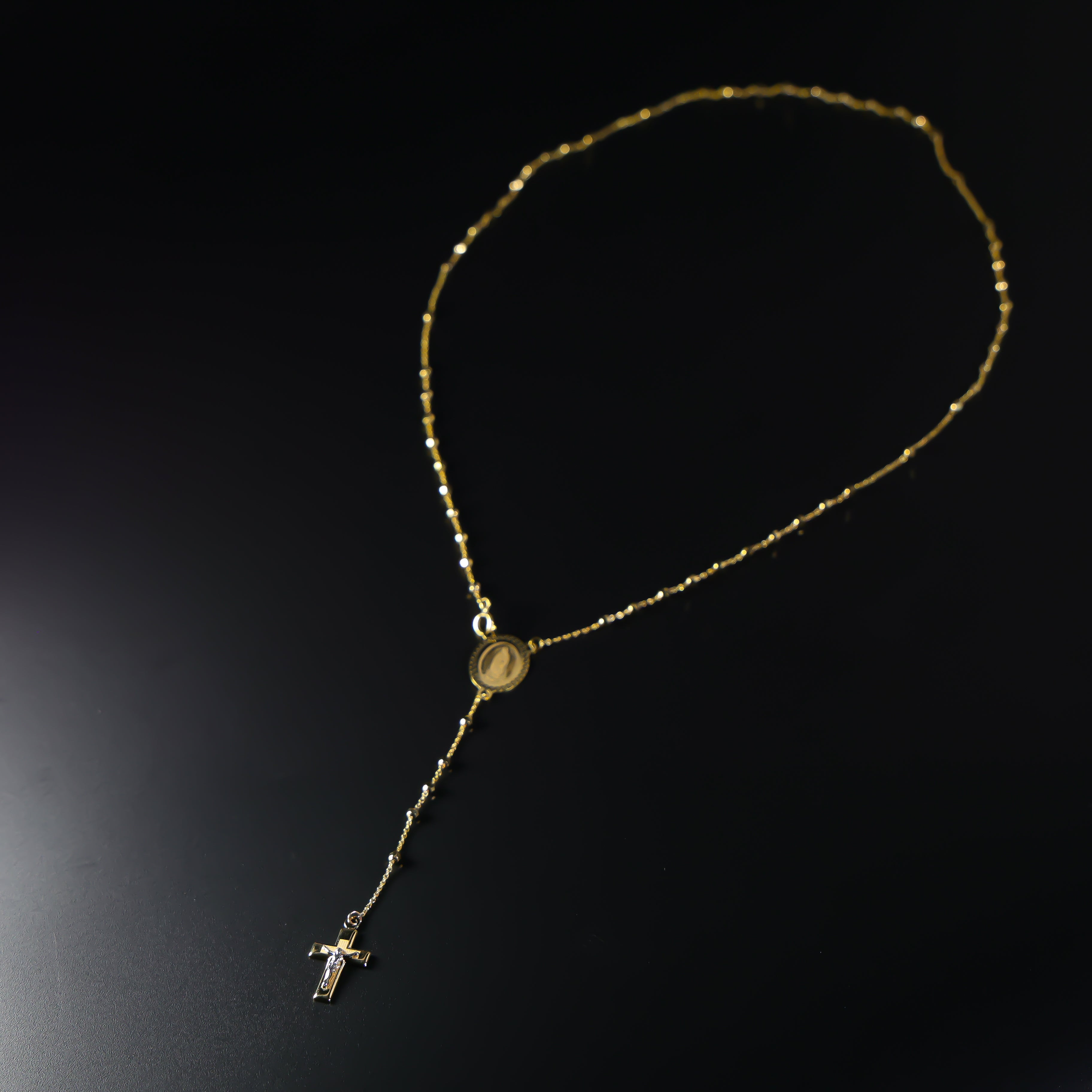 Gold 2.5MM Disco Ball Rosary Cross and Mother Mary Necklace Model-NK0236 - Charlie & Co. Jewelry