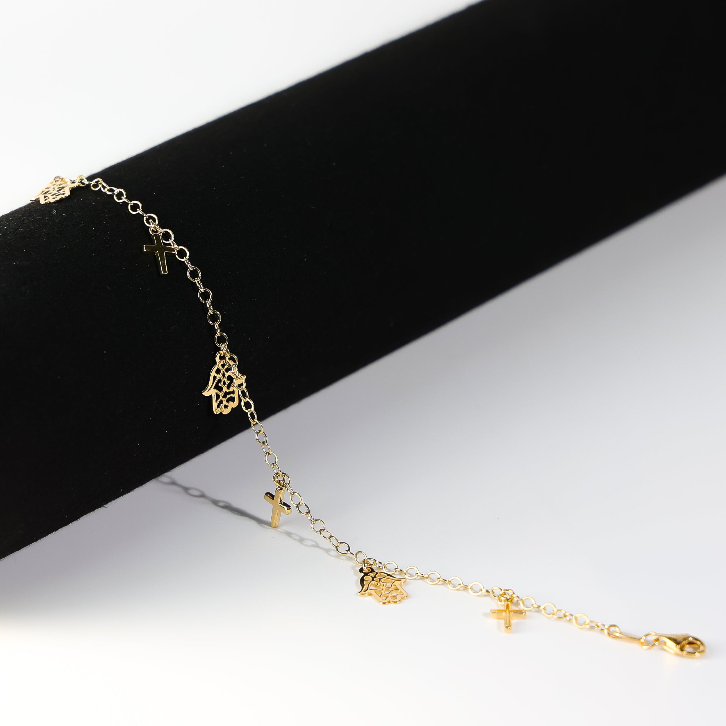 14K Gold Hamsa And Cross Bracelet Model-AB0774 - Charlie & Co. Jewelry