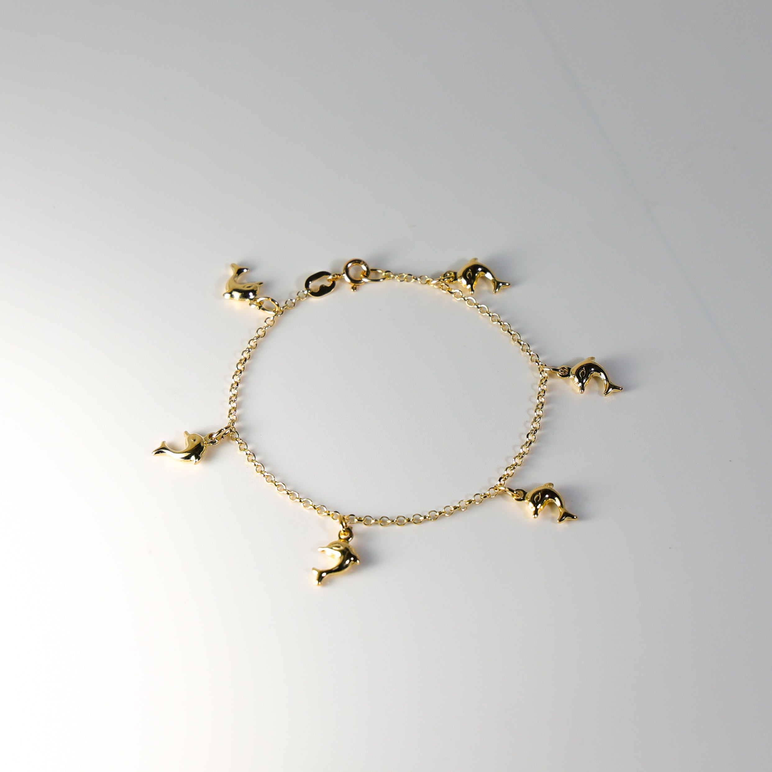 14K Gold Hanging Dolphins Bracelet Model-AB0277 - Charlie & Co. Jewelry
