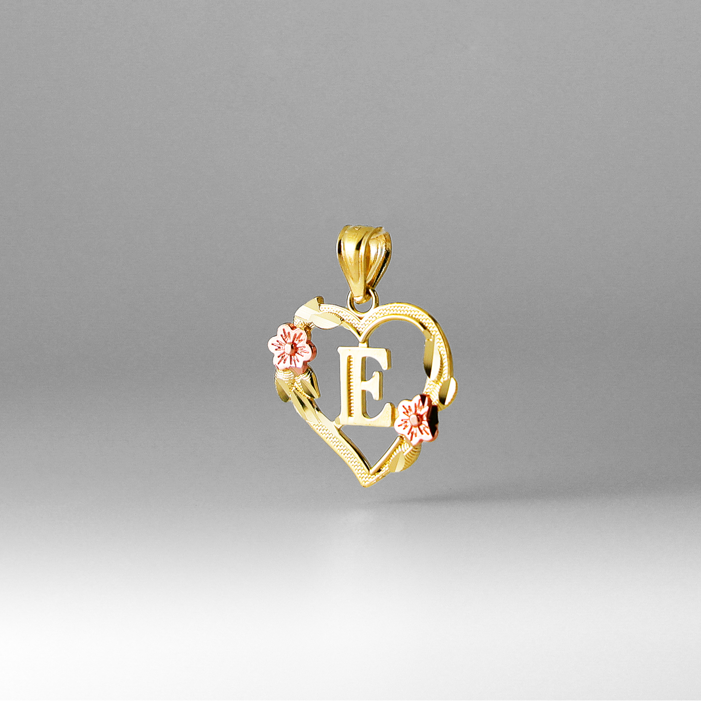 Gold Heart Letter E Pendant with Flowers | A-Z Pendants - Charlie & Co. Jewelry