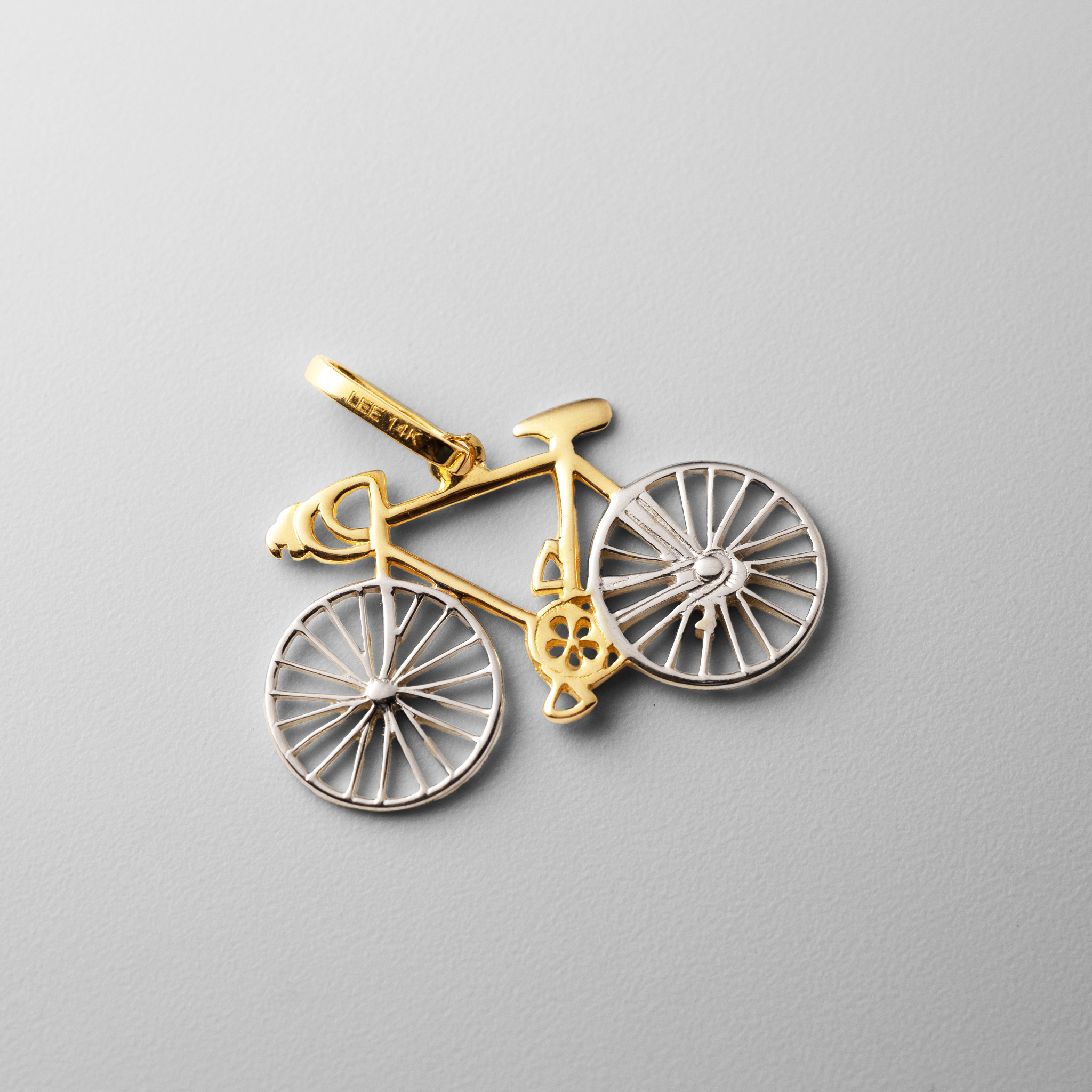 Yellow And White Gold Bicycle Pendant - Model 2328 - Charlie & Co. Jewelry