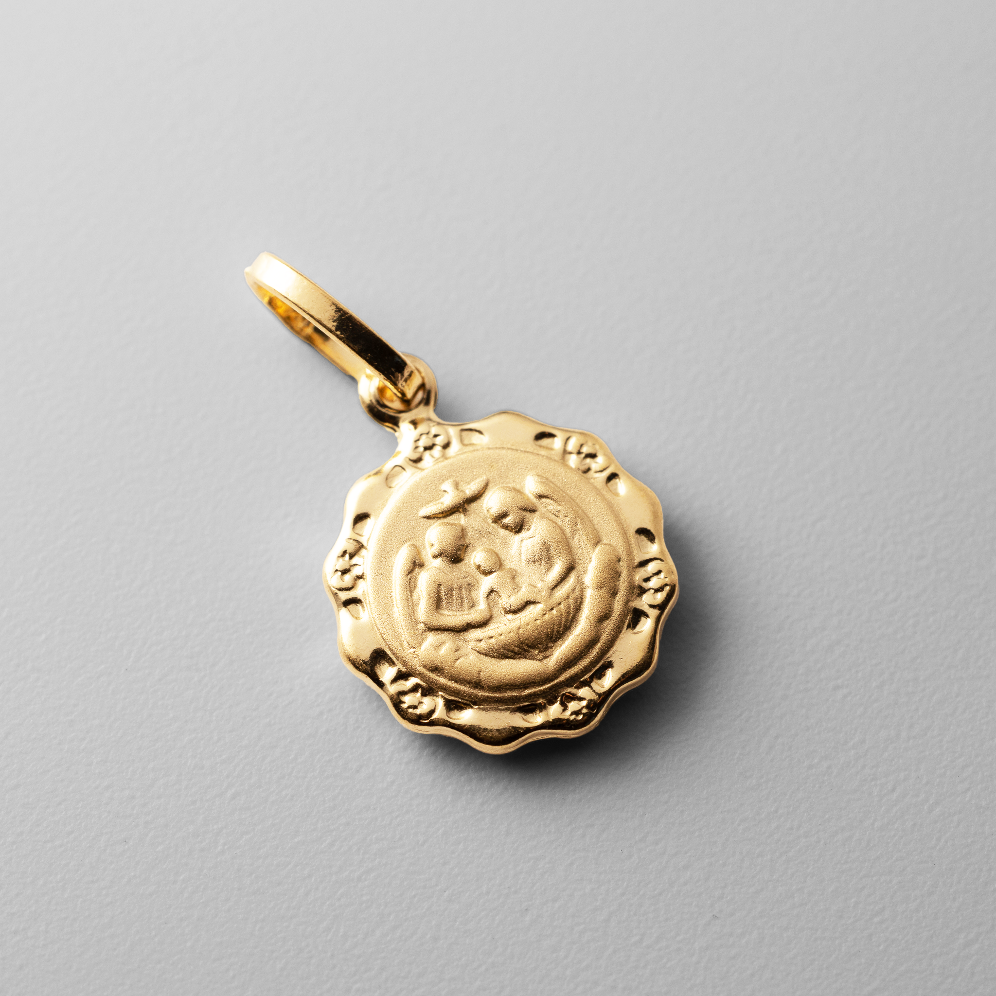 Gold Baptism Round Medal Religious Pendant - Model 239 - Charlie & Co. Jewelry