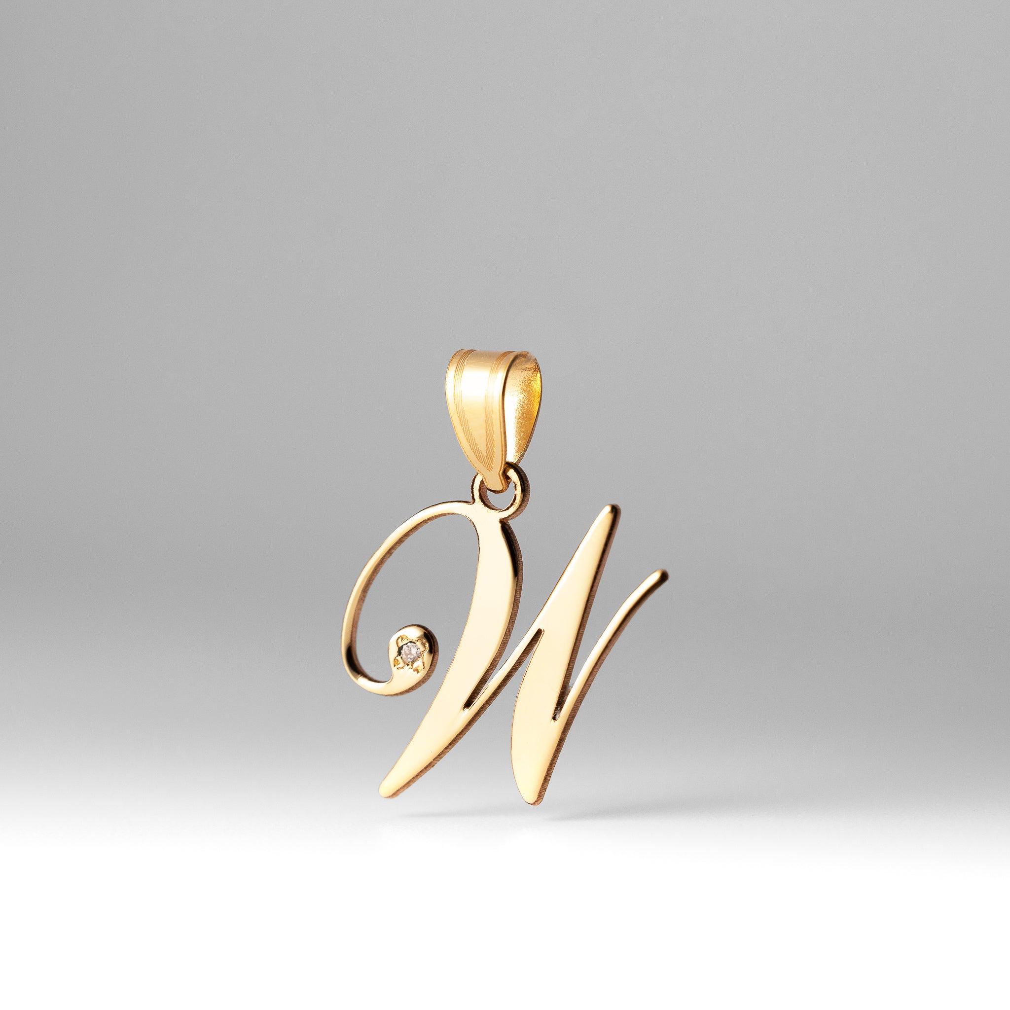 Gold Script Letter W Initial Pendant with Diamond - Model YC252W
