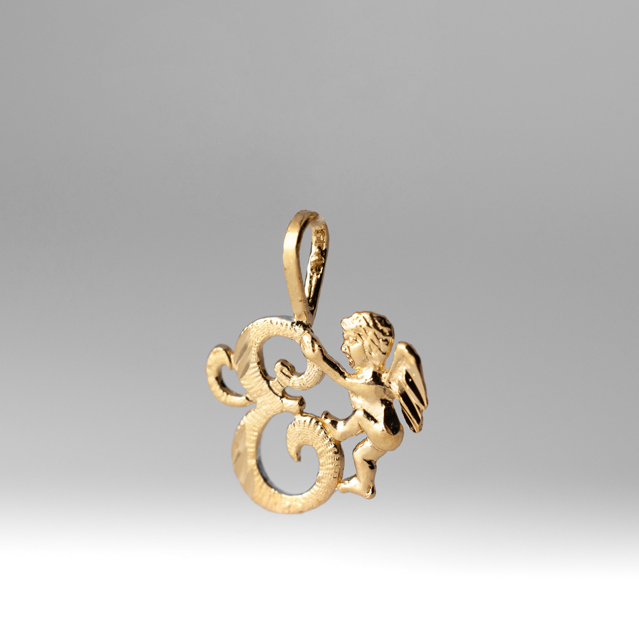 Gold Script Letter E Pendant with Cherub Angel | A-Z Pendants - Charlie & Co. Jewelry