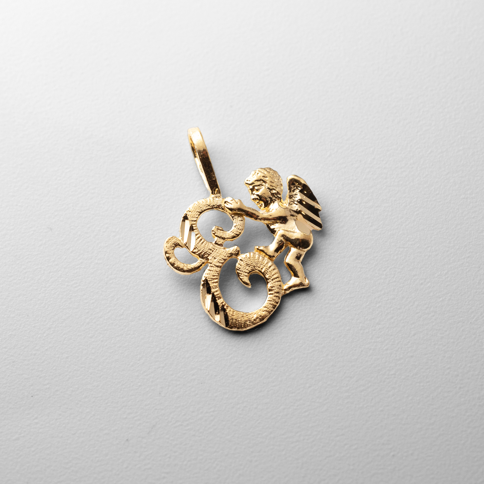 Gold Script Letter E Pendant with Cherub Angel | A-Z Pendants - Charlie & Co. Jewelry