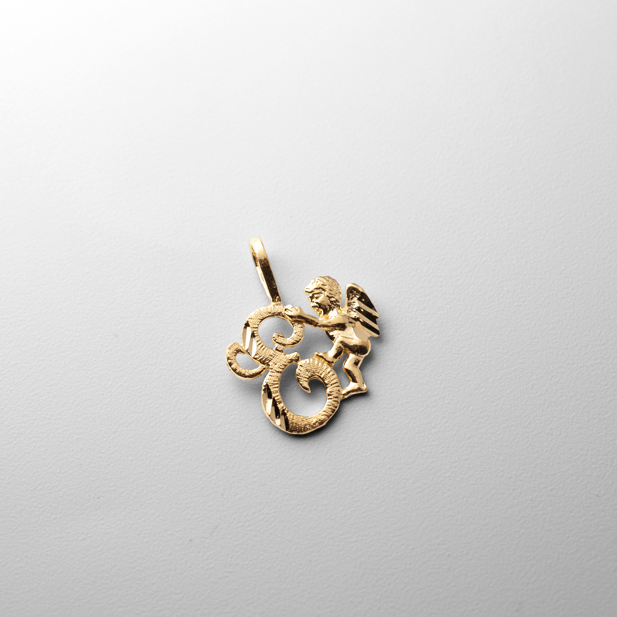 Gold Script Letter E Pendant with Cherub Angel | A-Z Pendants - Charlie & Co. Jewelry