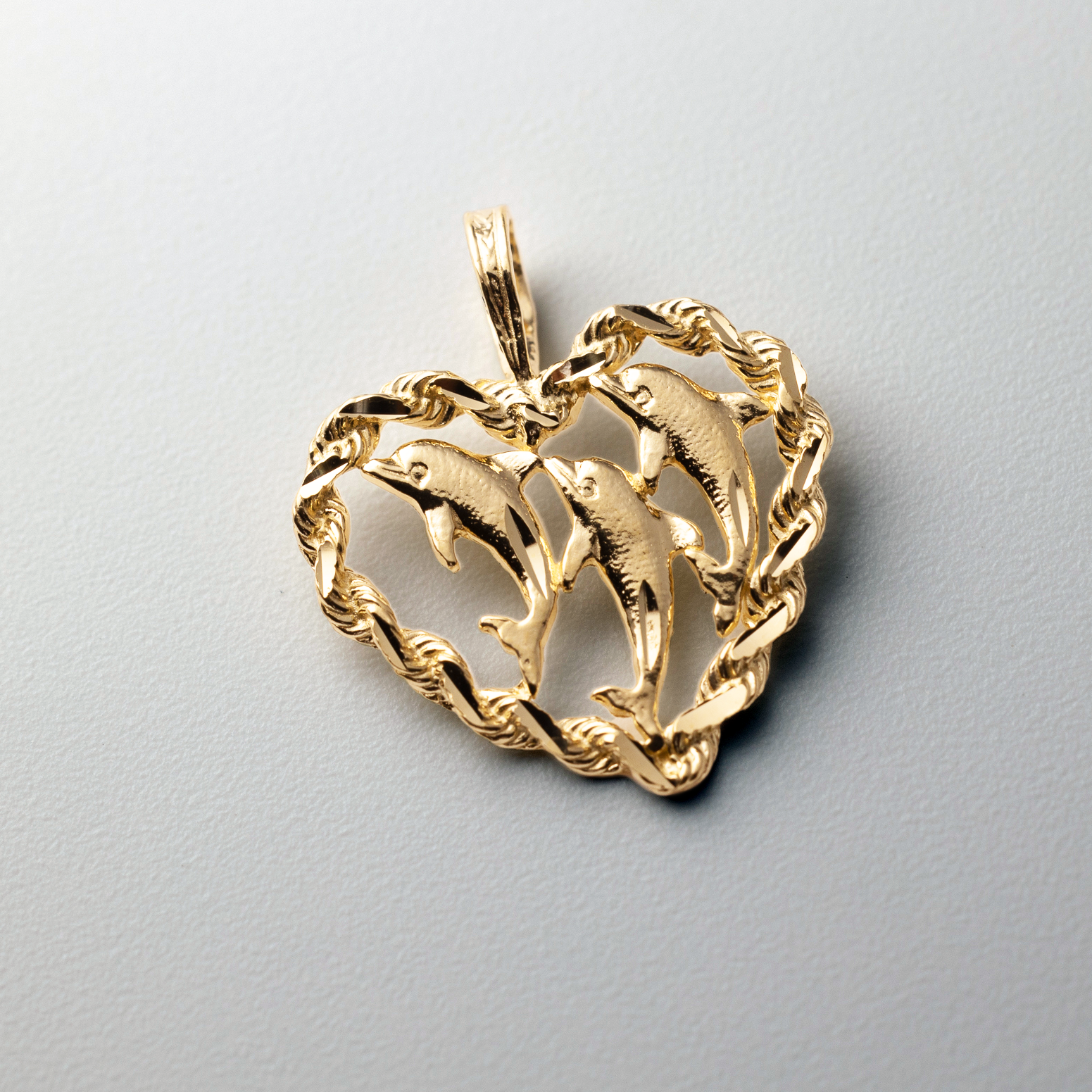 Gold Triple Dolphin Heart Pendant - Model 1677 - Charlie & Co. Jewelry