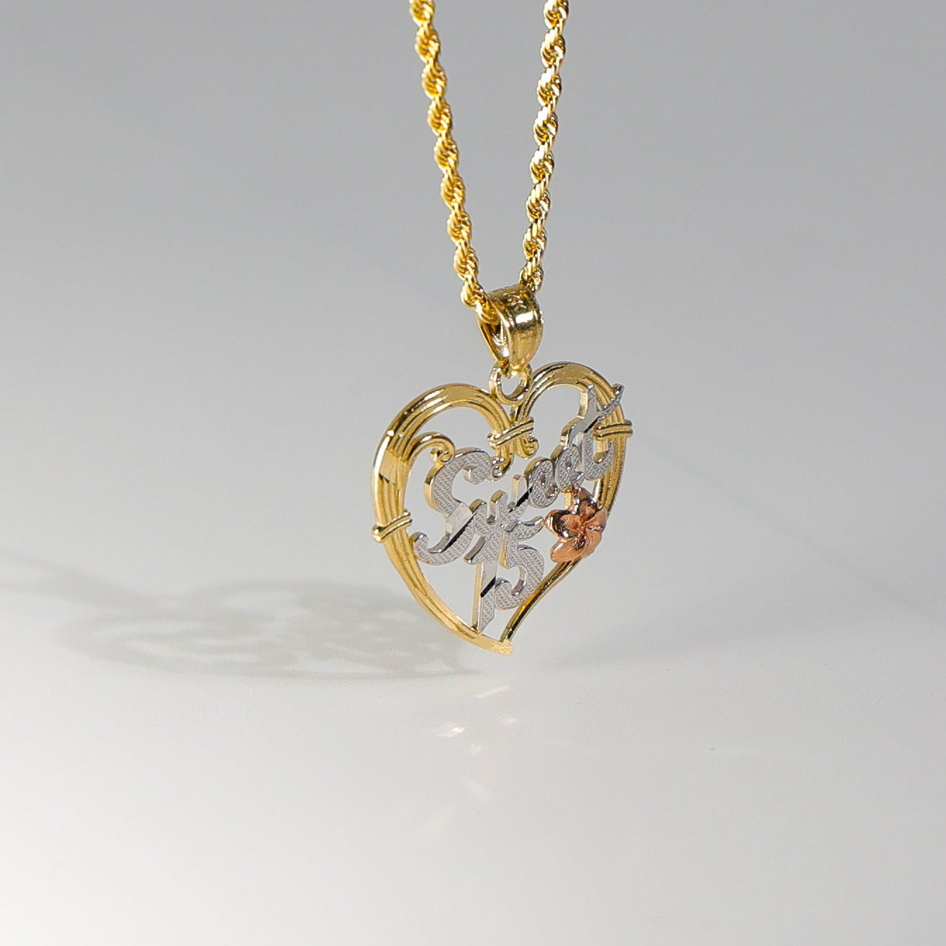 Gold 3 Colors 15 Years Heart Pendant Model-1906 - Charlie & Co. Jewelry