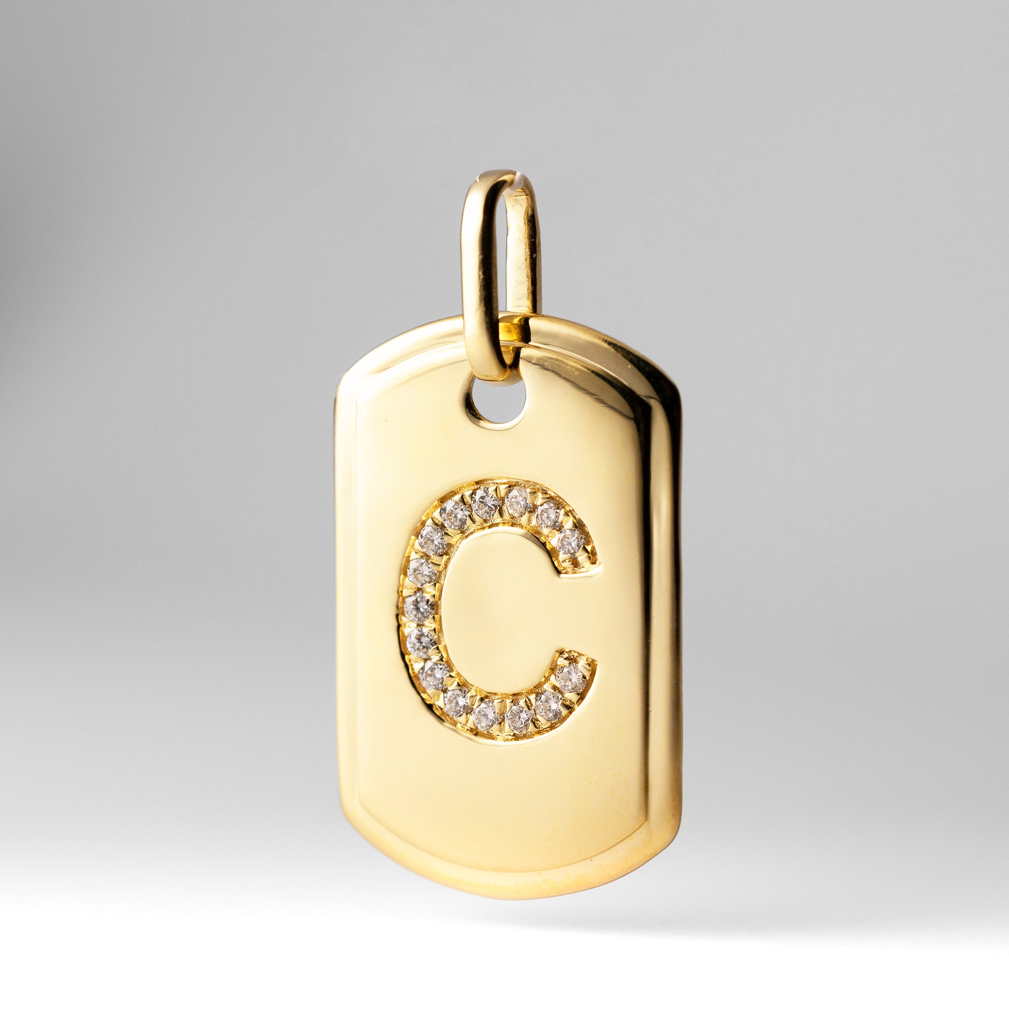 14K Gold Initial "C" Dog Tag Pendant With Diamonds - Charlie & Co. Jewelry
