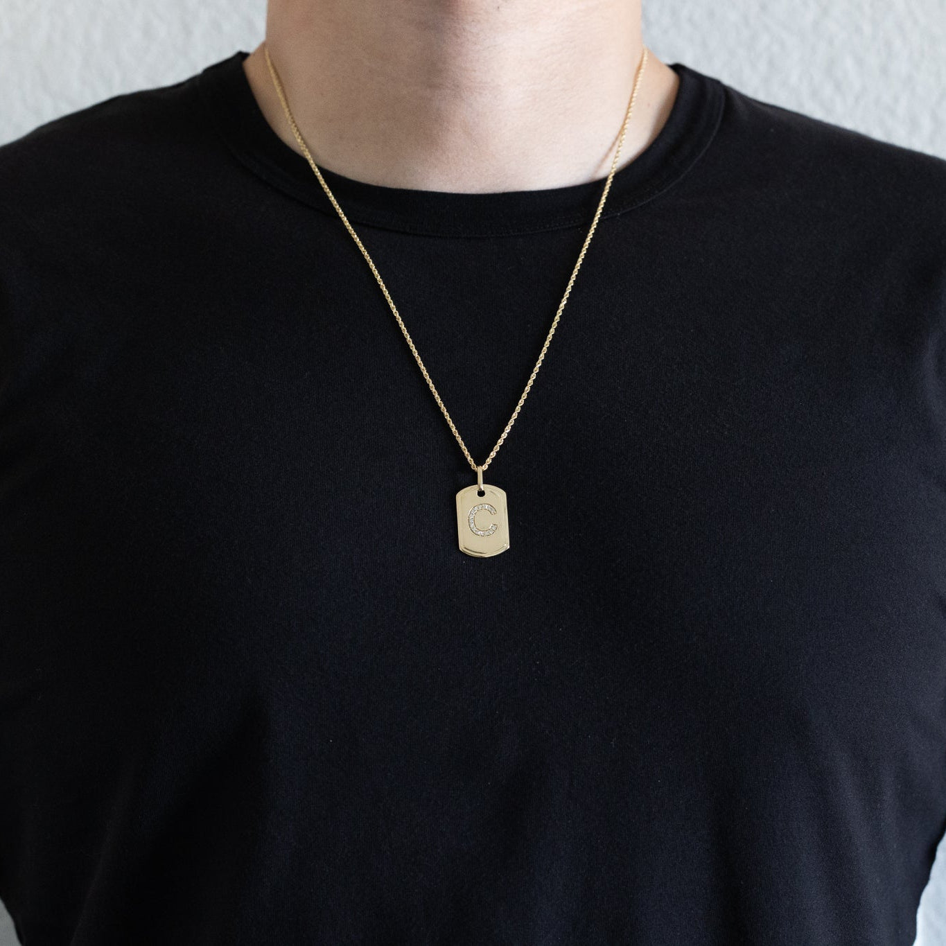 14K Gold Initial "C" Dog Tag Pendant With Diamonds