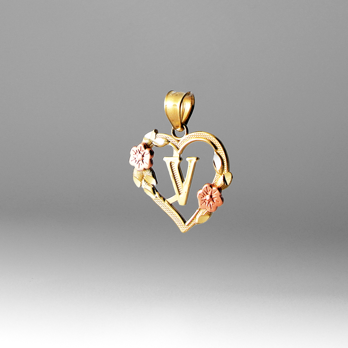Gold Heart Letter V Pendant with Flowers | A-Z Pendants - Charlie & Co. Jewelry