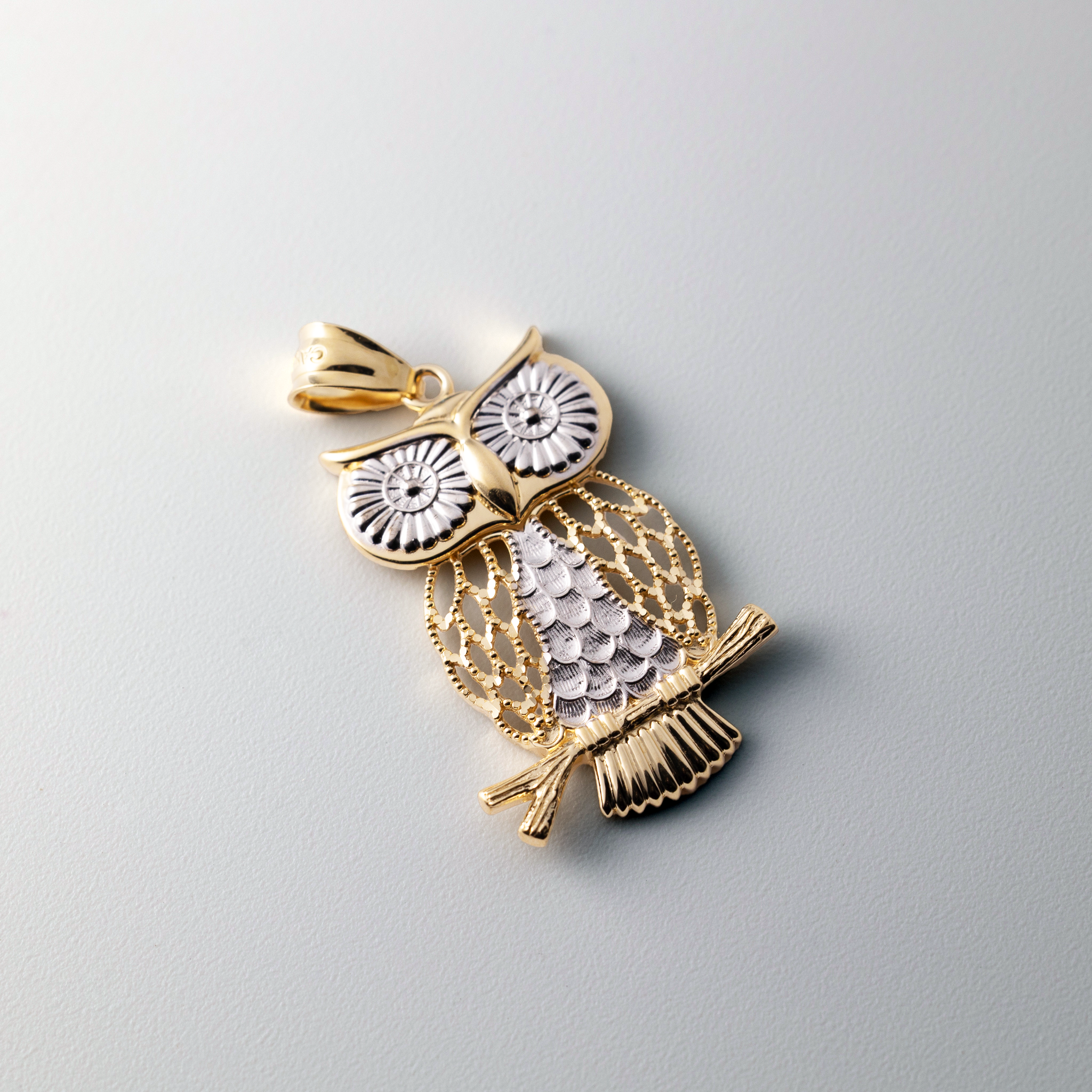 Yellow 14K Gold and White 14K Gold Moveable Owl Pendant - Model K5979