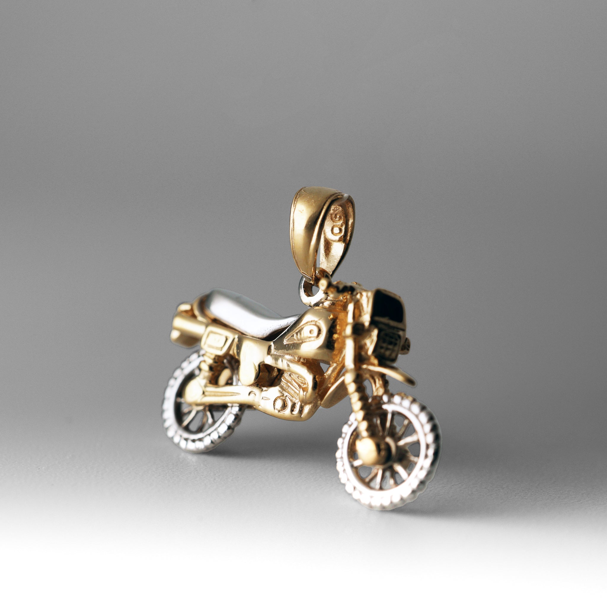 Gold Two-Tone 3D Moveable Dirt Bike Motorcycle Pendant - Charlie & Co. Jewelry