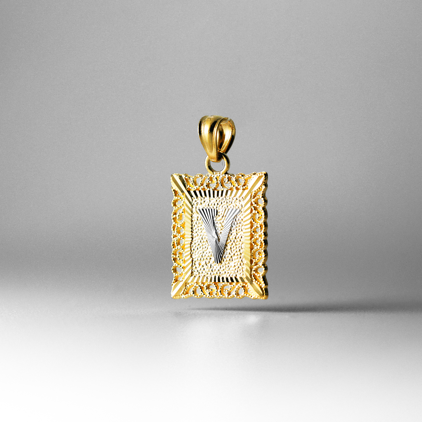 Gold Letter V Filigree Pendants | A-Z Gold Pendants - Charlie & Co. Jewelry