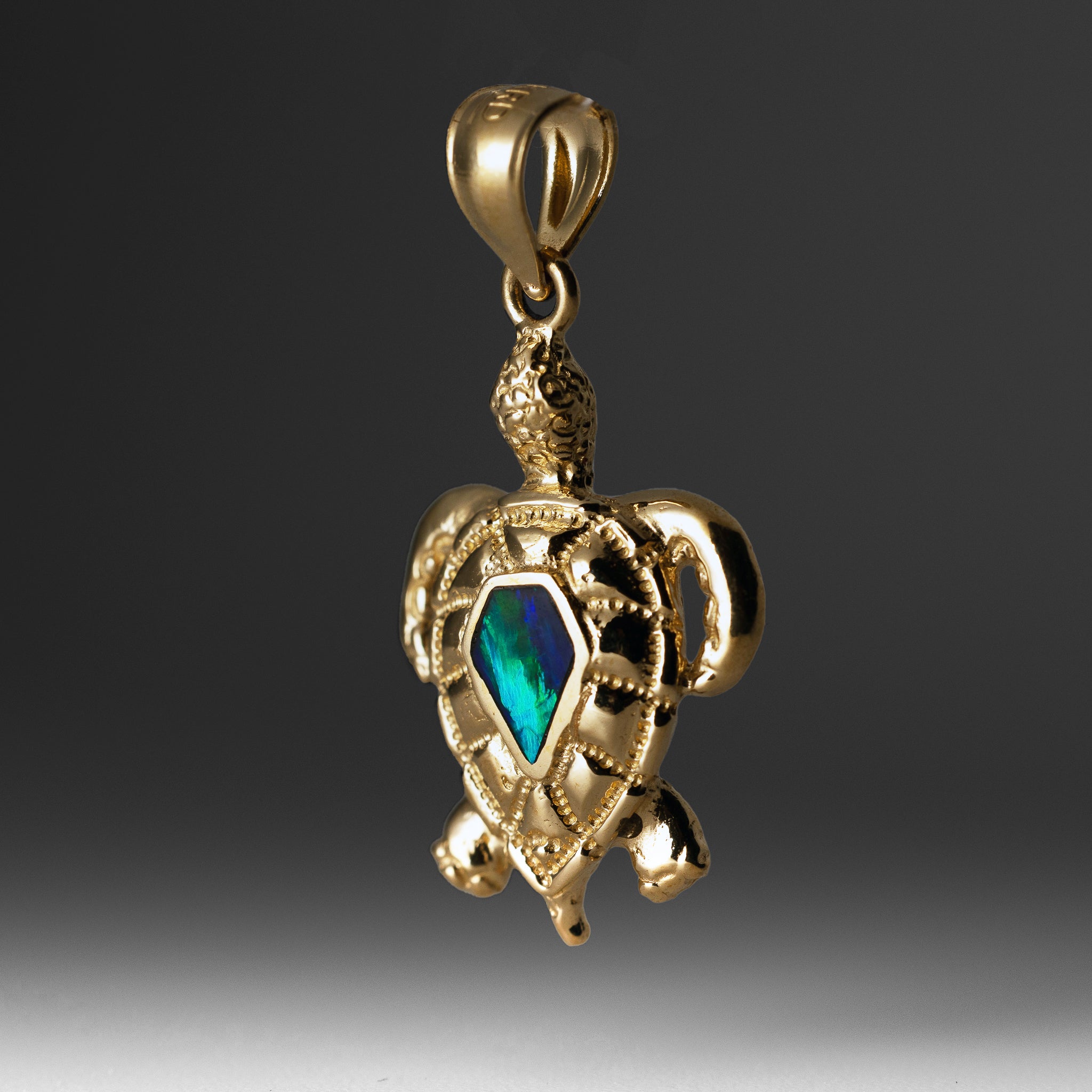 Gold Polished Turtle Pendant with Created Blue Opal Inlay