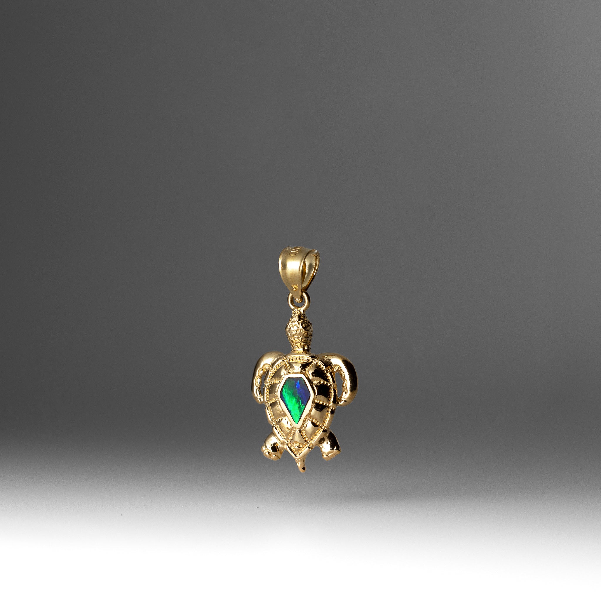 Gold Polished Turtle Pendant with Created Blue Opal Inlay