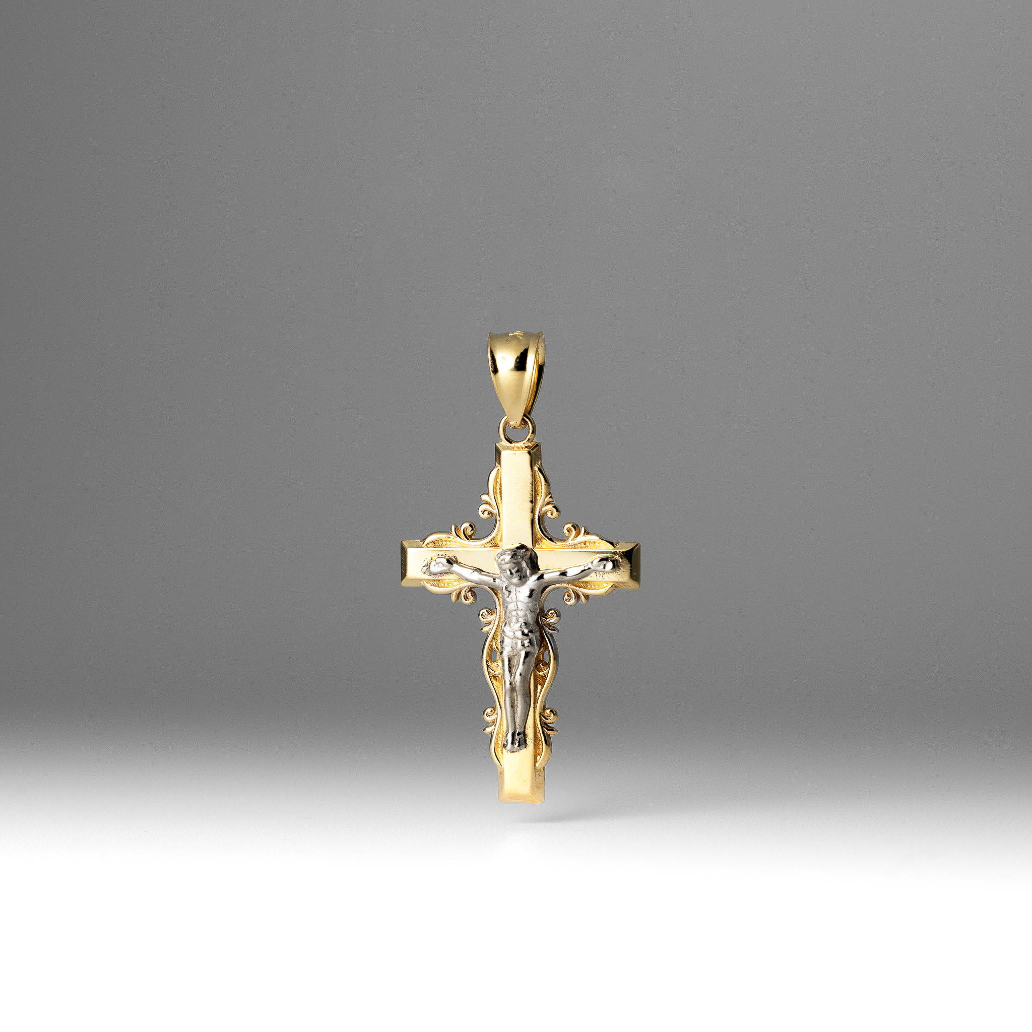 Gold Crucifix Cross With Ornate Scroll Pendant - Model PT0072 - Charlie & Co. Jewelry