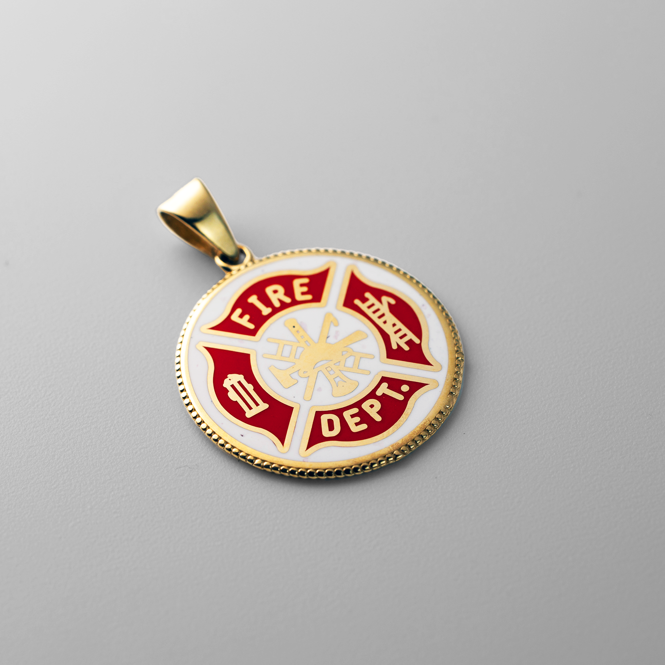 Gold Fire Dept. Double-Sided Pendant Necklace With Firefighter Emblem - Model PT2849 - Charlie & Co. Jewelry