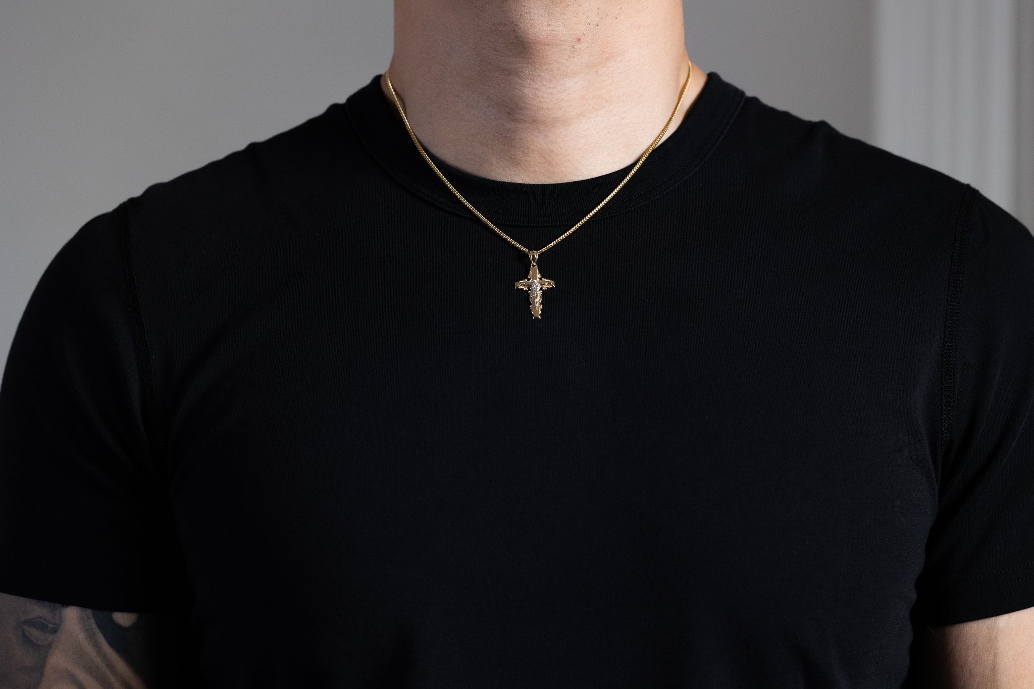 Gold Fancy Design Religious Cross Pendant Necklace - Model PT0072 - Charlie & Co. Jewelry