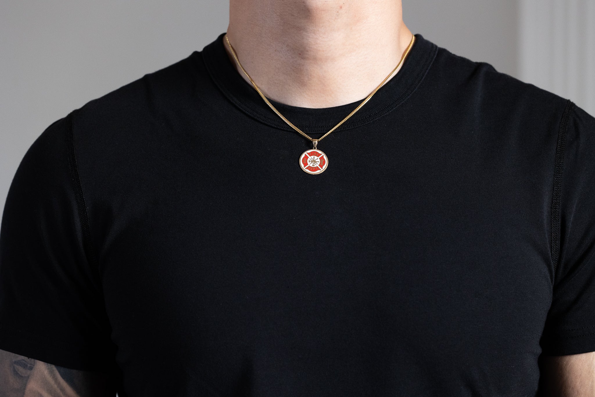 Gold Fire Dept. Double-Sided Pendant Necklace With Firefighter Emblem - Model PT2849 - Charlie & Co. Jewelry