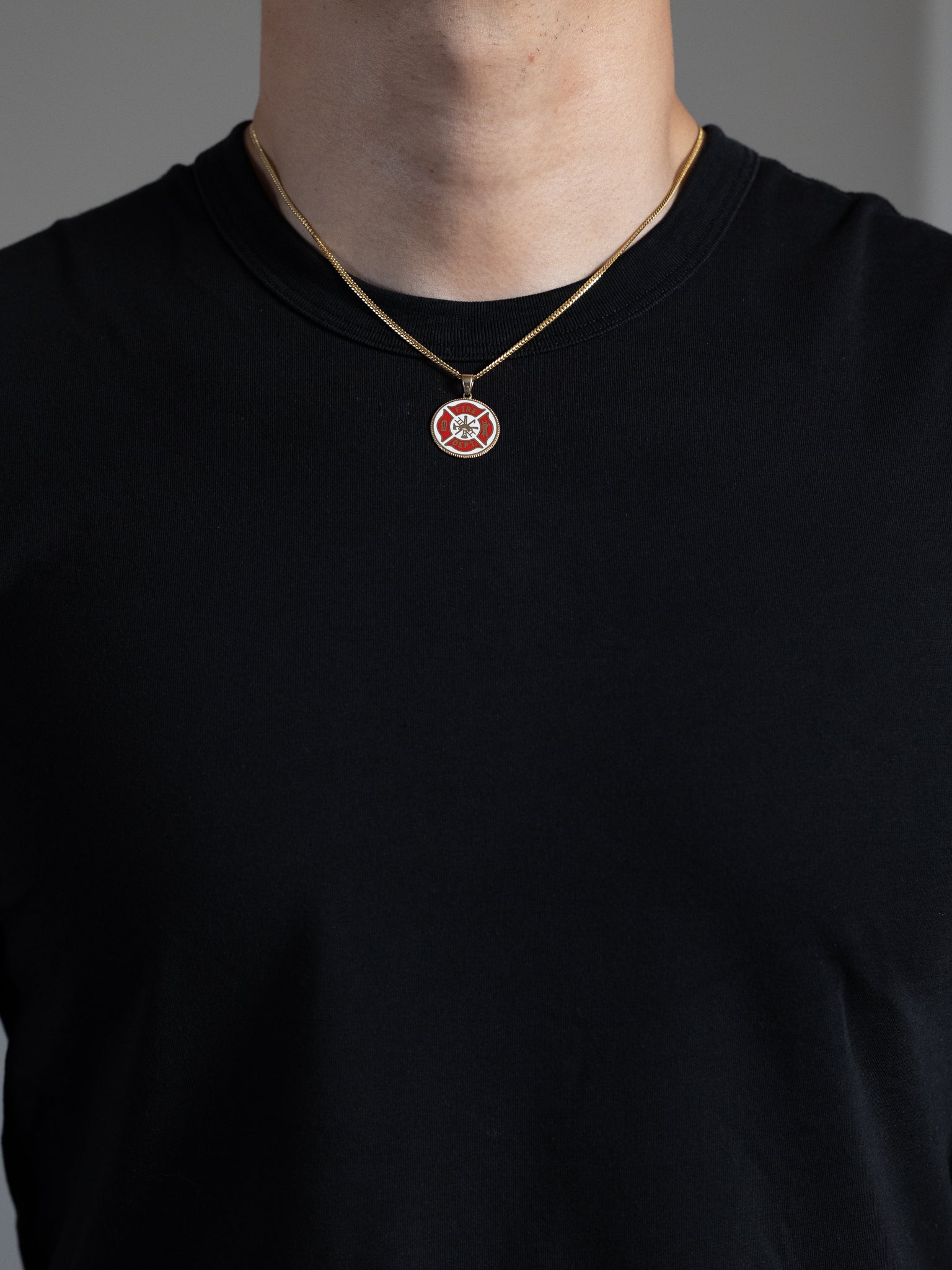 Gold Fire Dept. Double-Sided Pendant Necklace With Firefighter Emblem - Model PT2849 - Charlie & Co. Jewelry