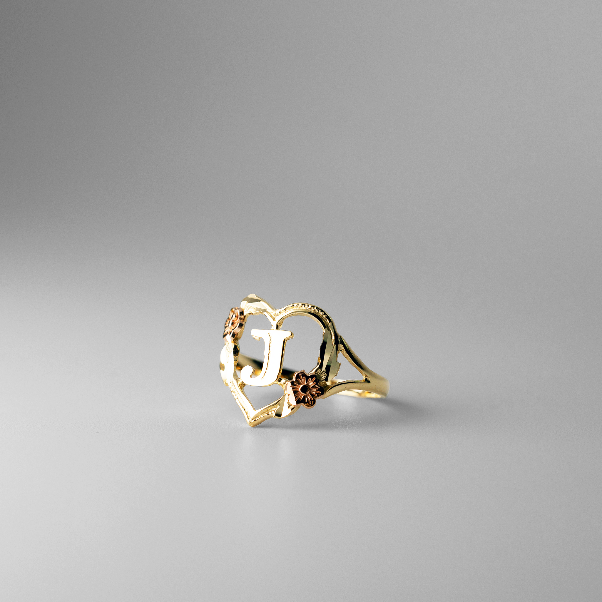 Gold Heart & Rose Initial "J" Ring