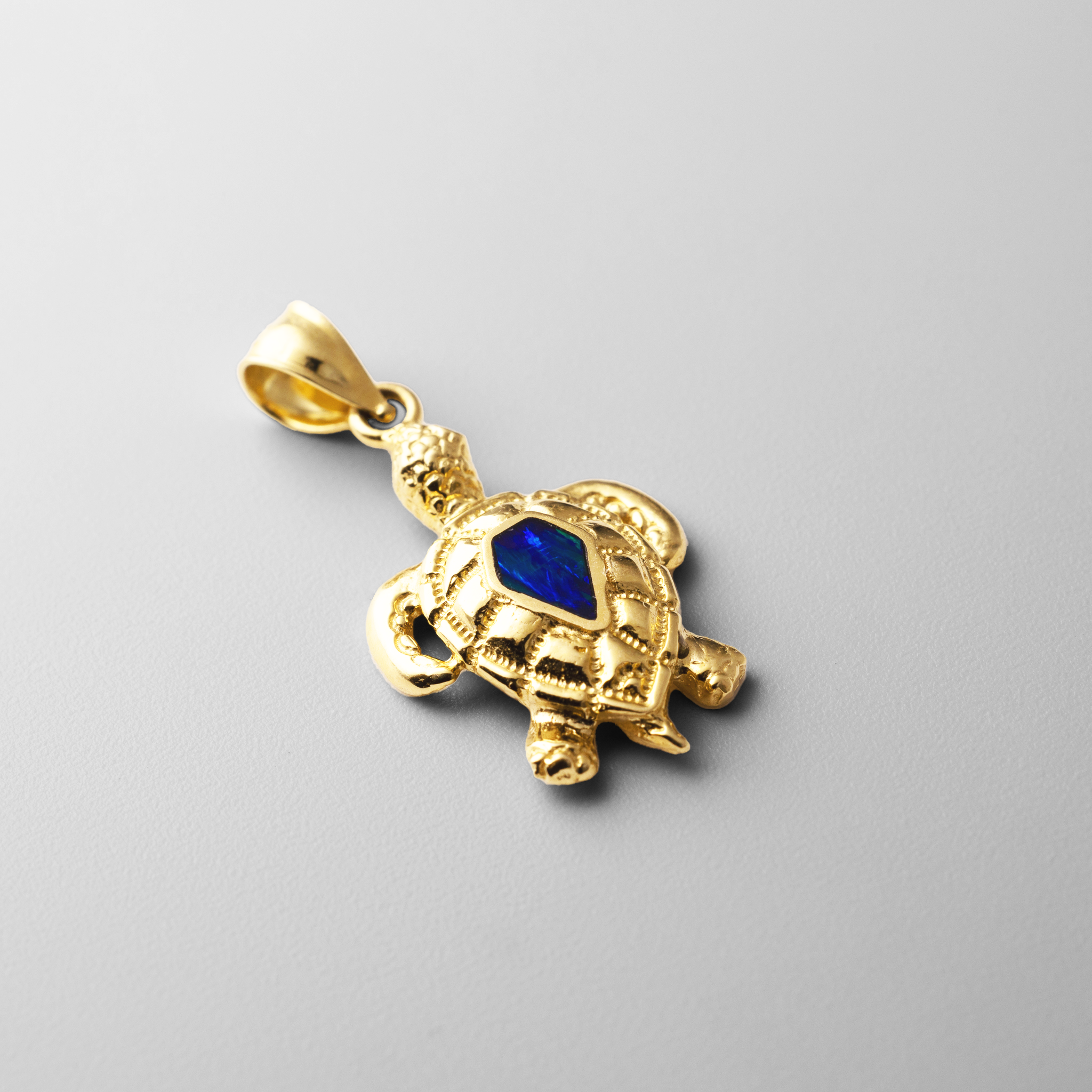 Gold Polished Turtle Pendant with Created Blue Opal Inlay - Charlie & Co. Jewelry