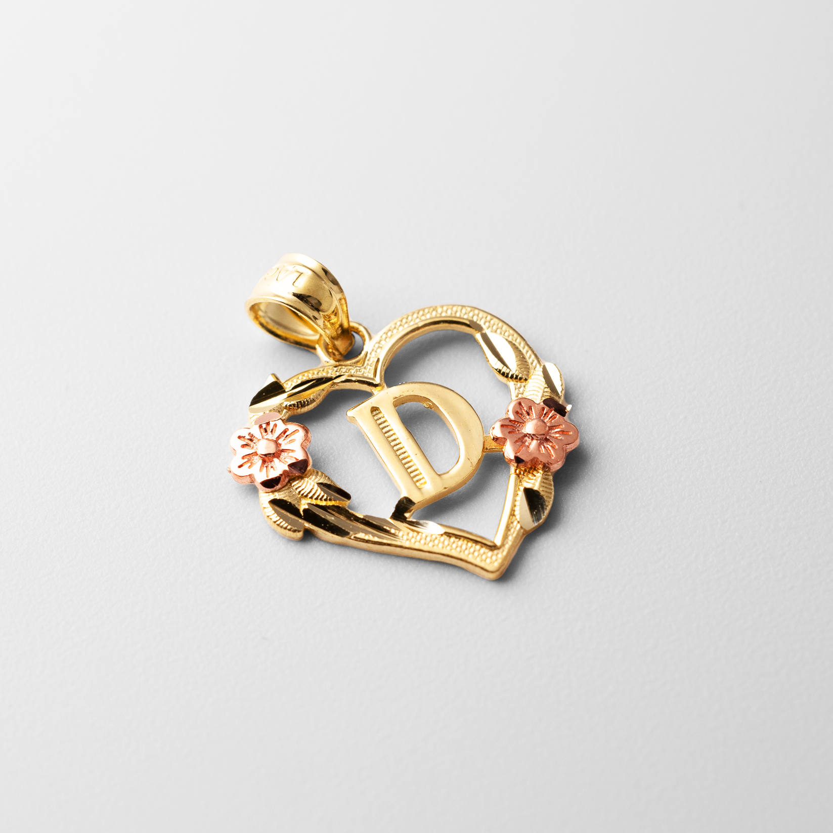 Gold Heart Letter D Pendant with Flowers | A-Z Pendants - Charlie & Co. Jewelry