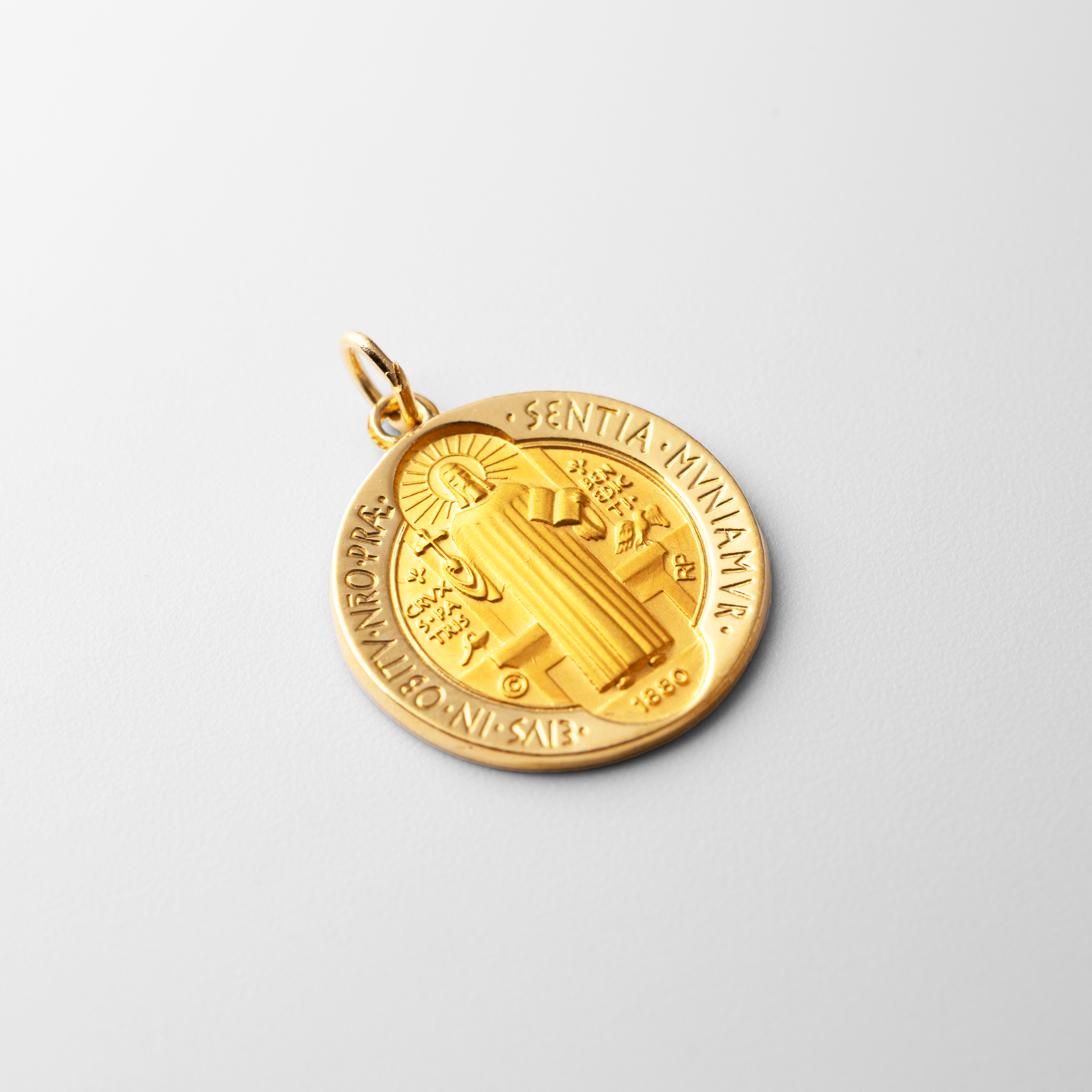 Yellow Gold Reversible Round St. Benedict Medal Pendant - Model XR1789 - Charlie & Co. Jewelry