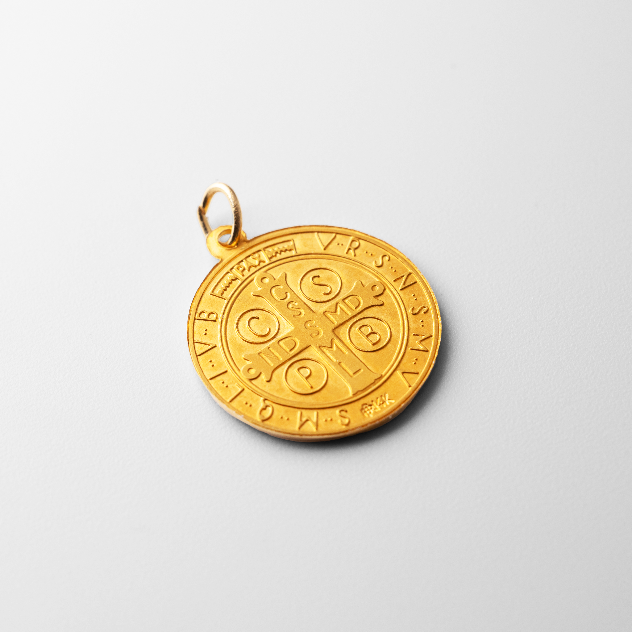 Yellow Gold Reversible Round St. Benedict Medal Pendant - Model XR1789 - Charlie & Co. Jewelry