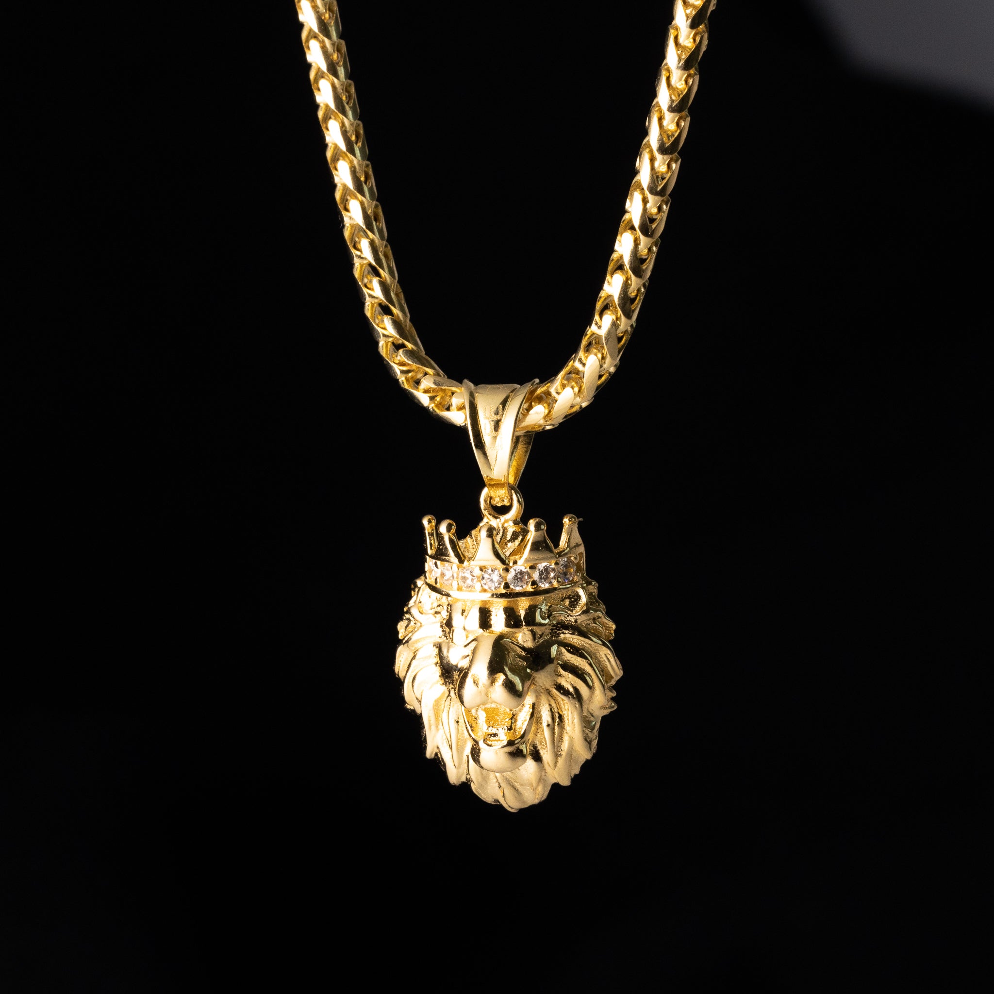 14K Gold CZ Small Roaring Lion Pendant with Crown - Model PT2681 - Charlie & Co. Jewelry