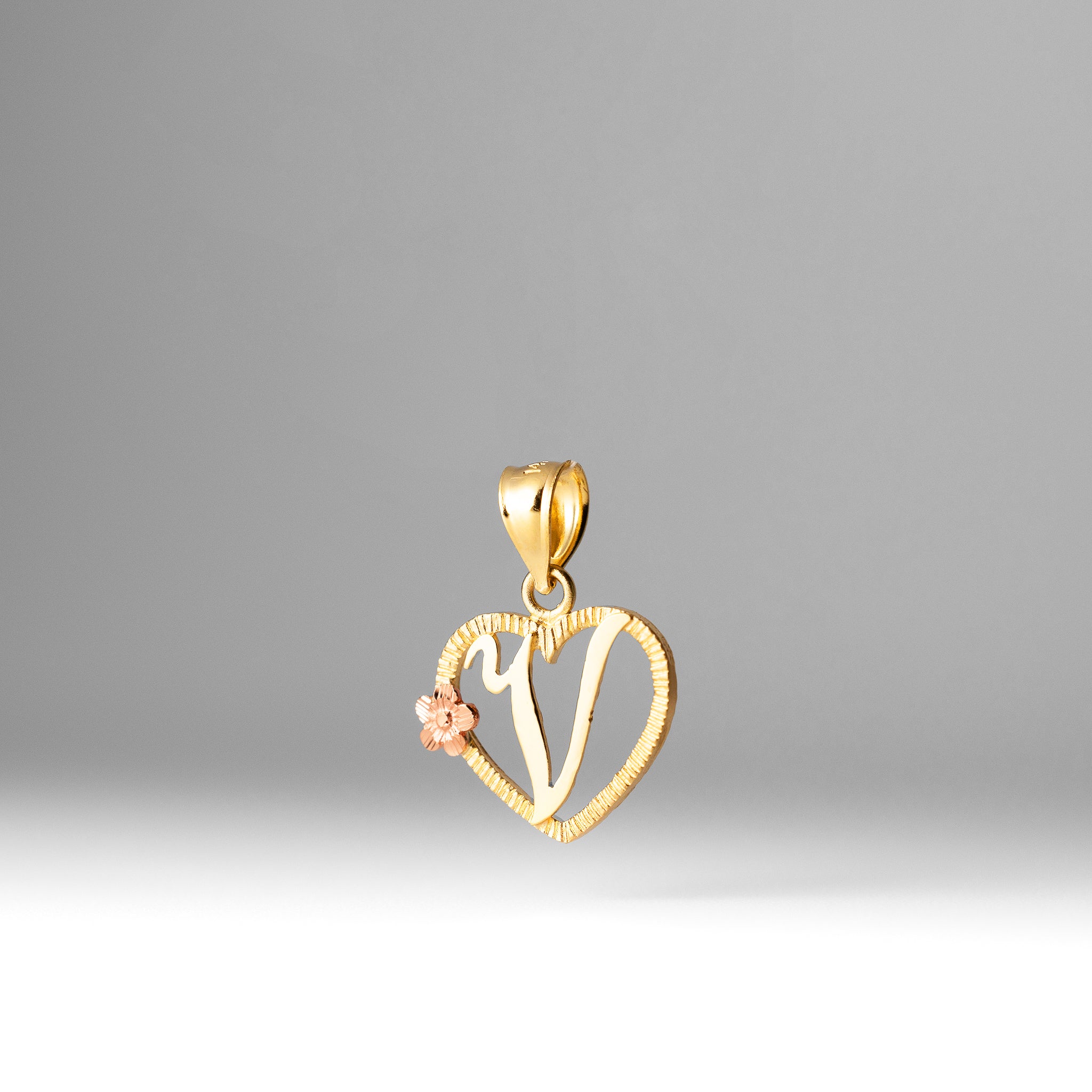 Gold Script Letter 'V' Heart Charm with Floral Accent